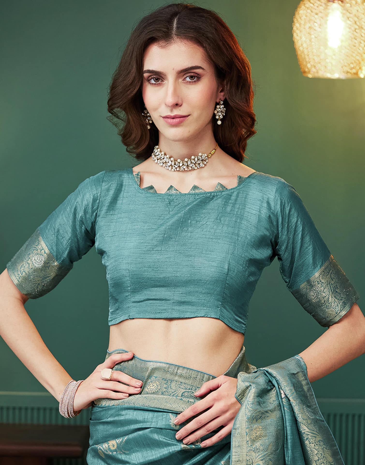Dusty Teal Green Silk Weaving Banarasi Saree