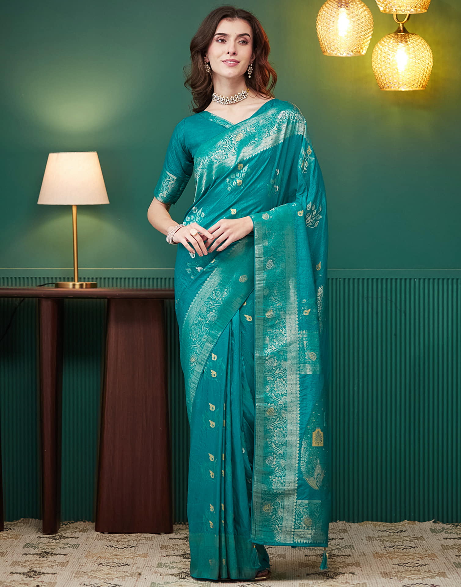 Teal Green Silk Weaving Banarasi Saree
