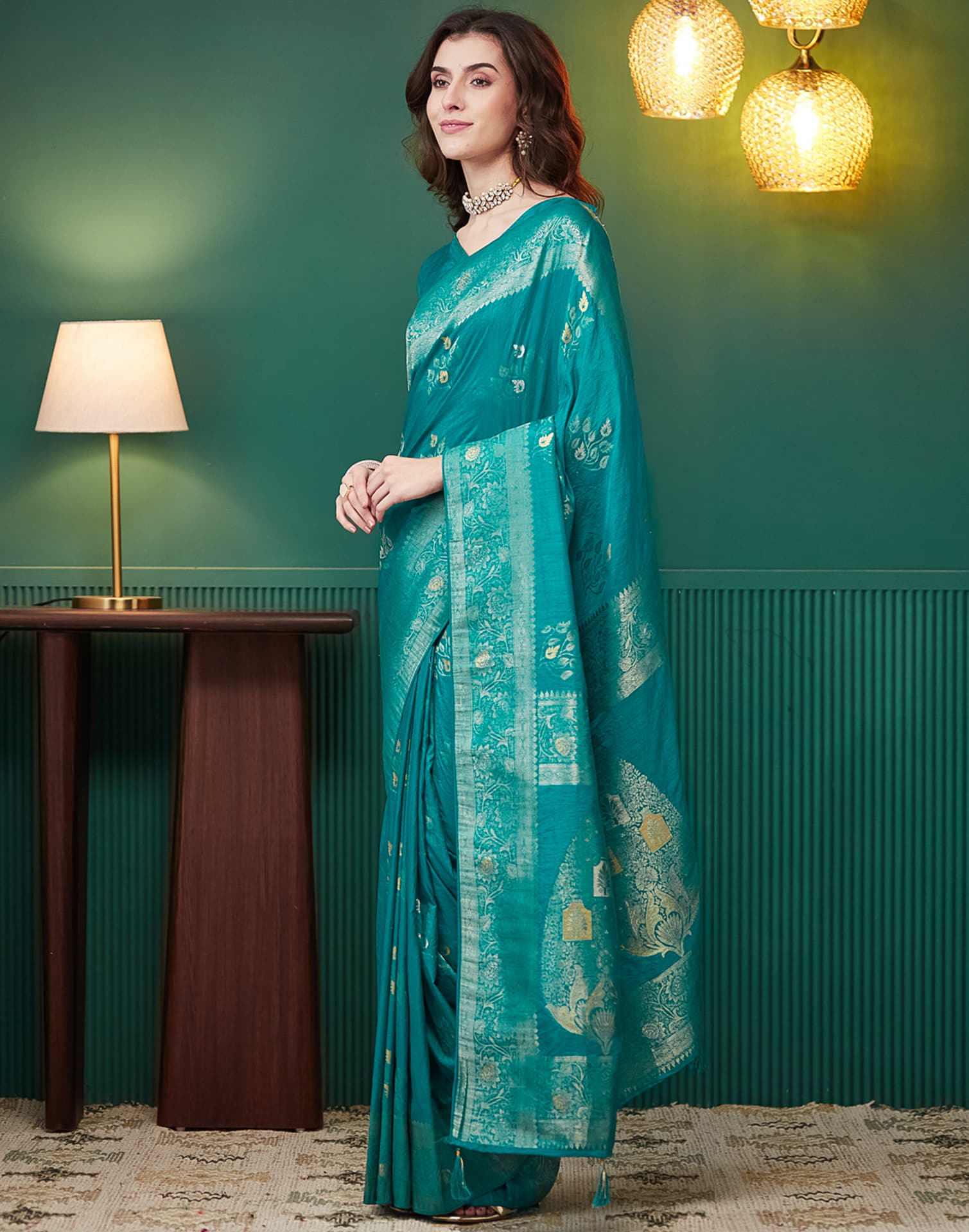Teal Green Silk Weaving Banarasi Saree