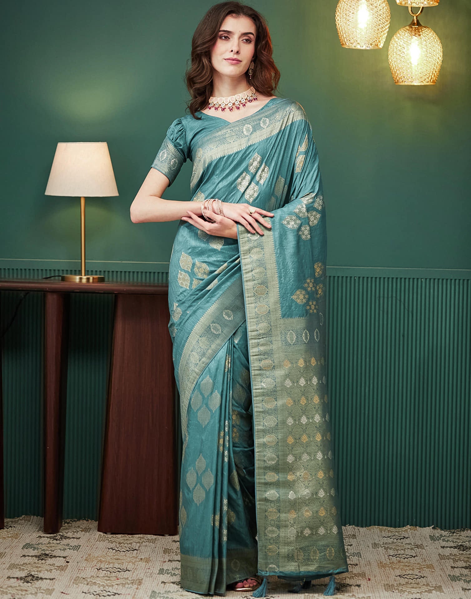 Dusty Teal Green Silk Weaving Banarasi Saree