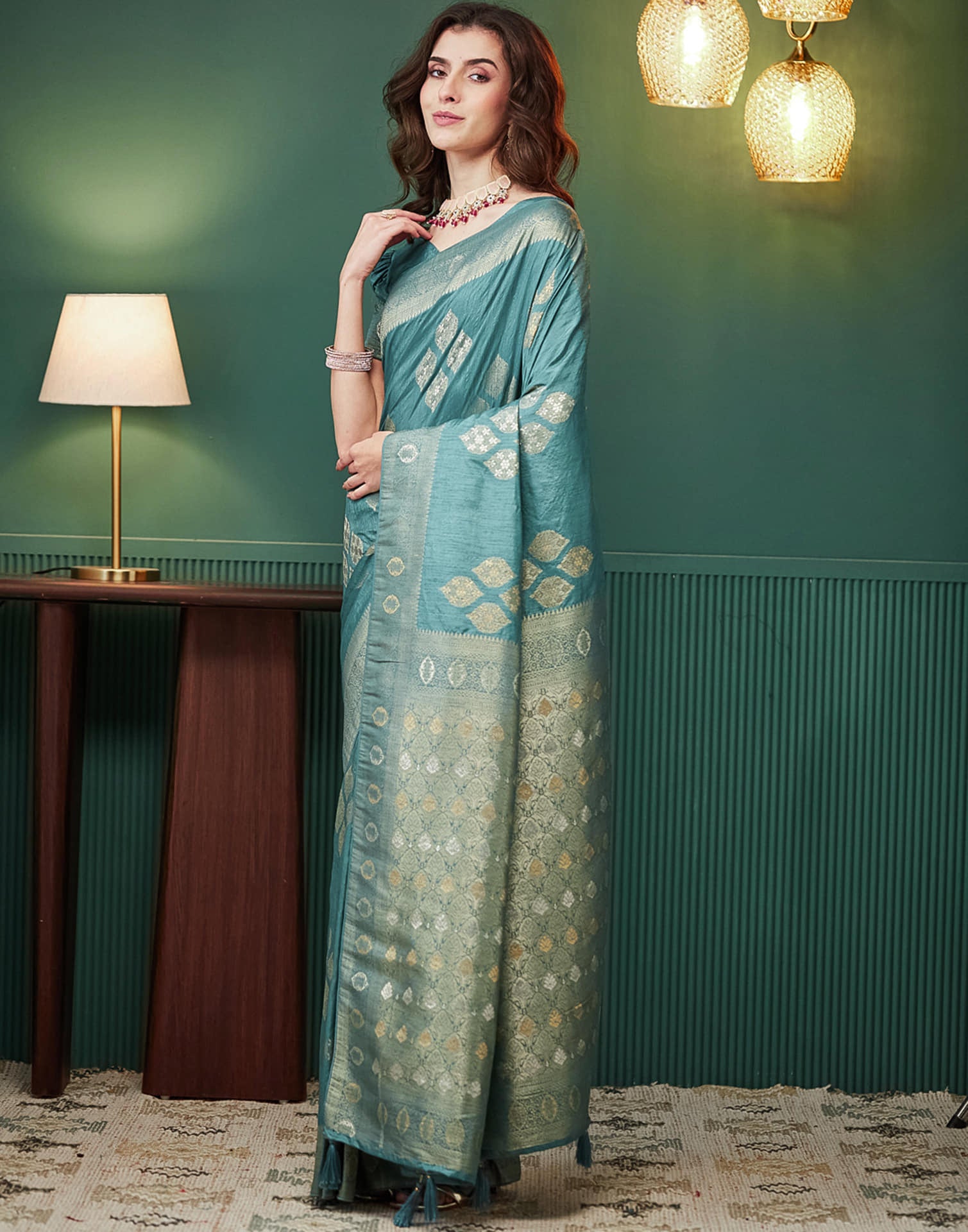 Dusty Teal Green Silk Weaving Banarasi Saree