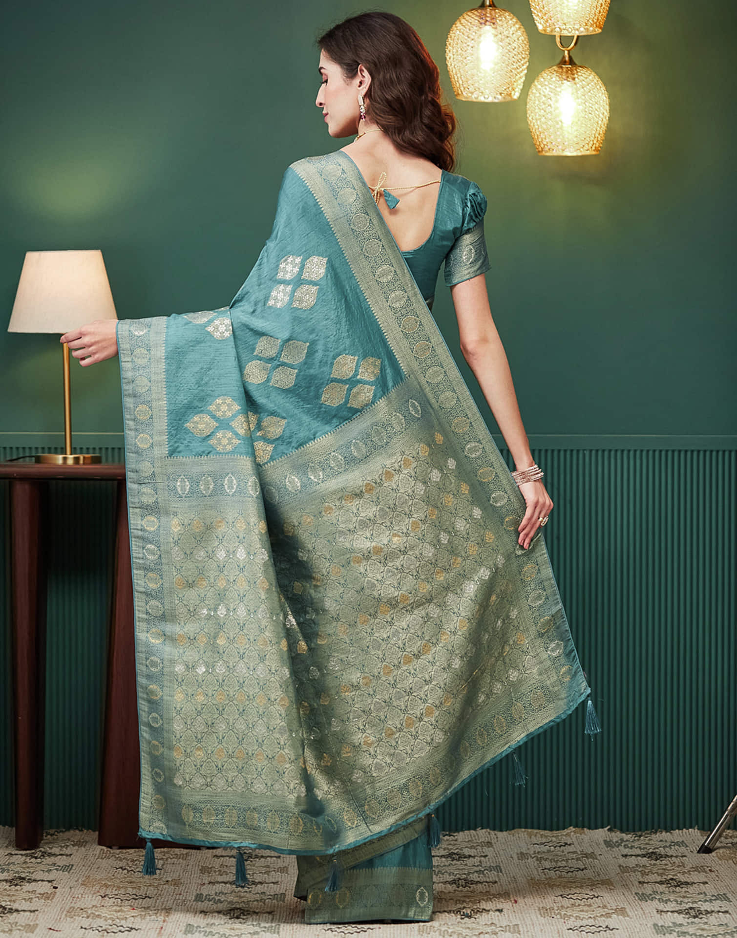 Dusty Teal Green Silk Weaving Banarasi Saree