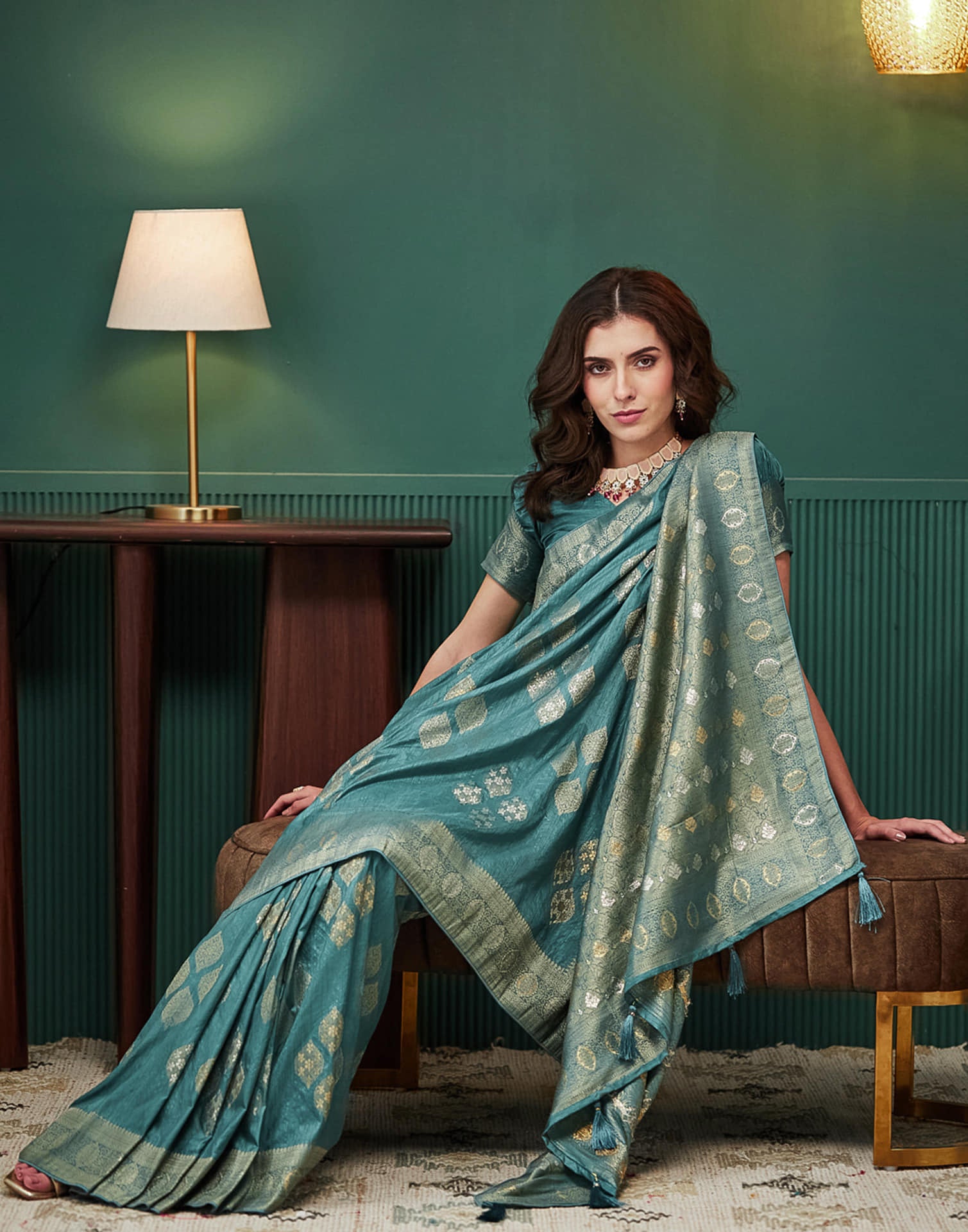 Dusty Teal Green Silk Weaving Banarasi Saree