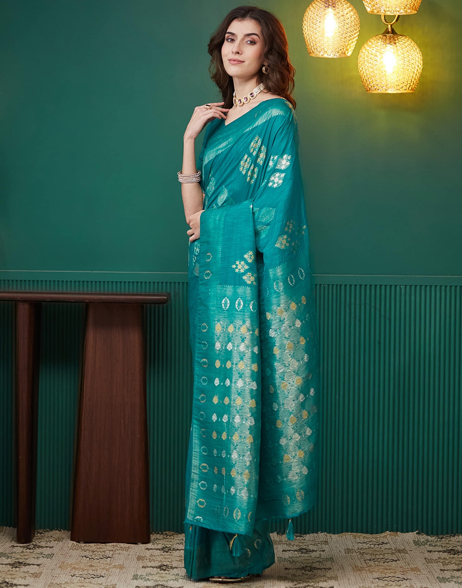 Teal Green Silk Weaving Banarasi Saree