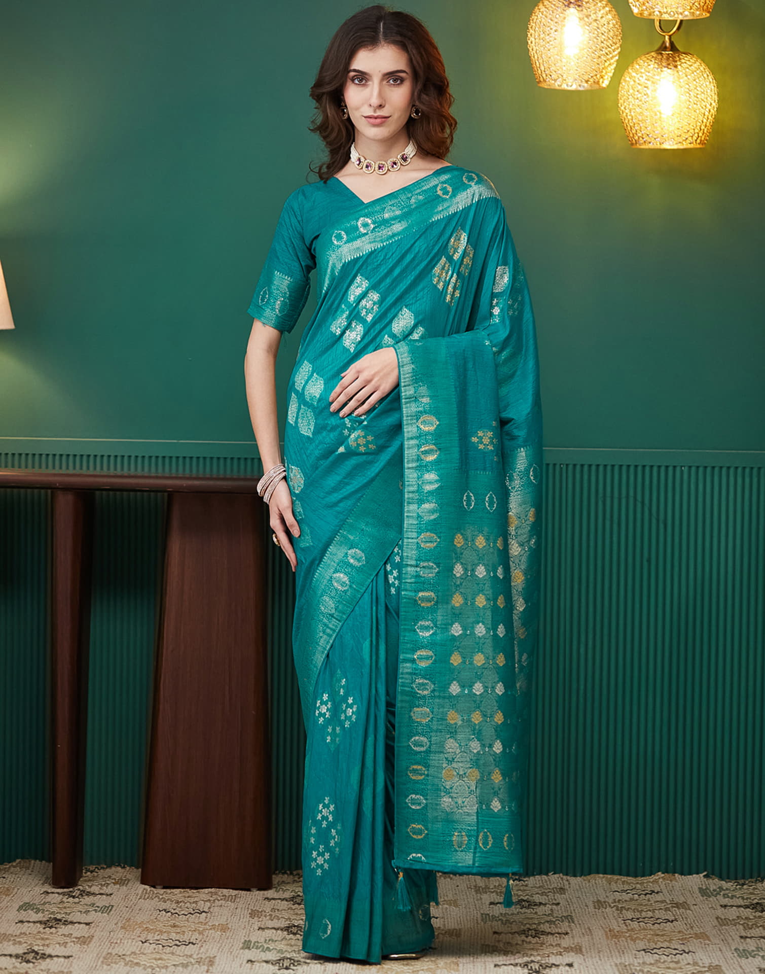 Teal Green Silk Weaving Banarasi Saree