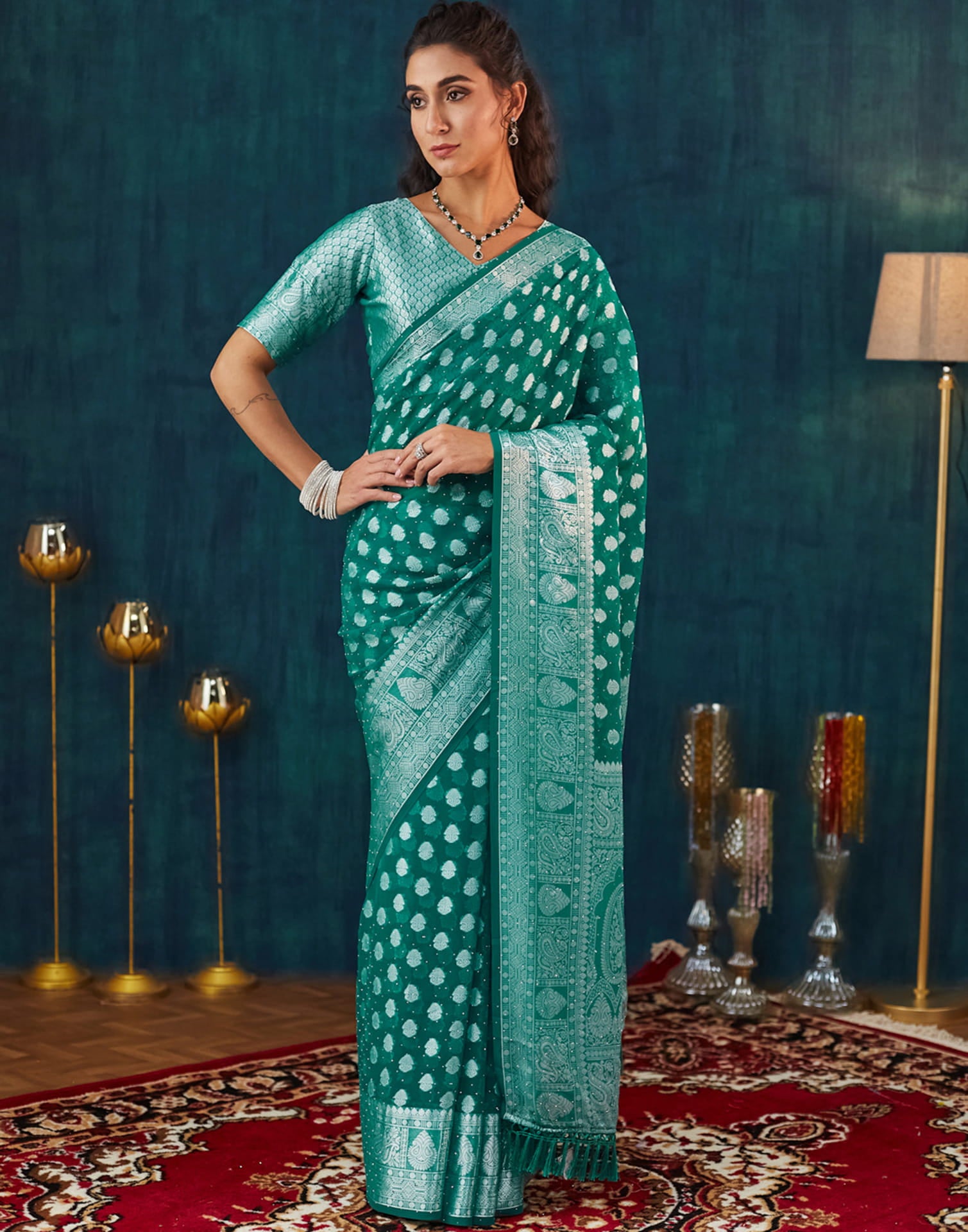 Green Georgette Woven Banarasi Saree