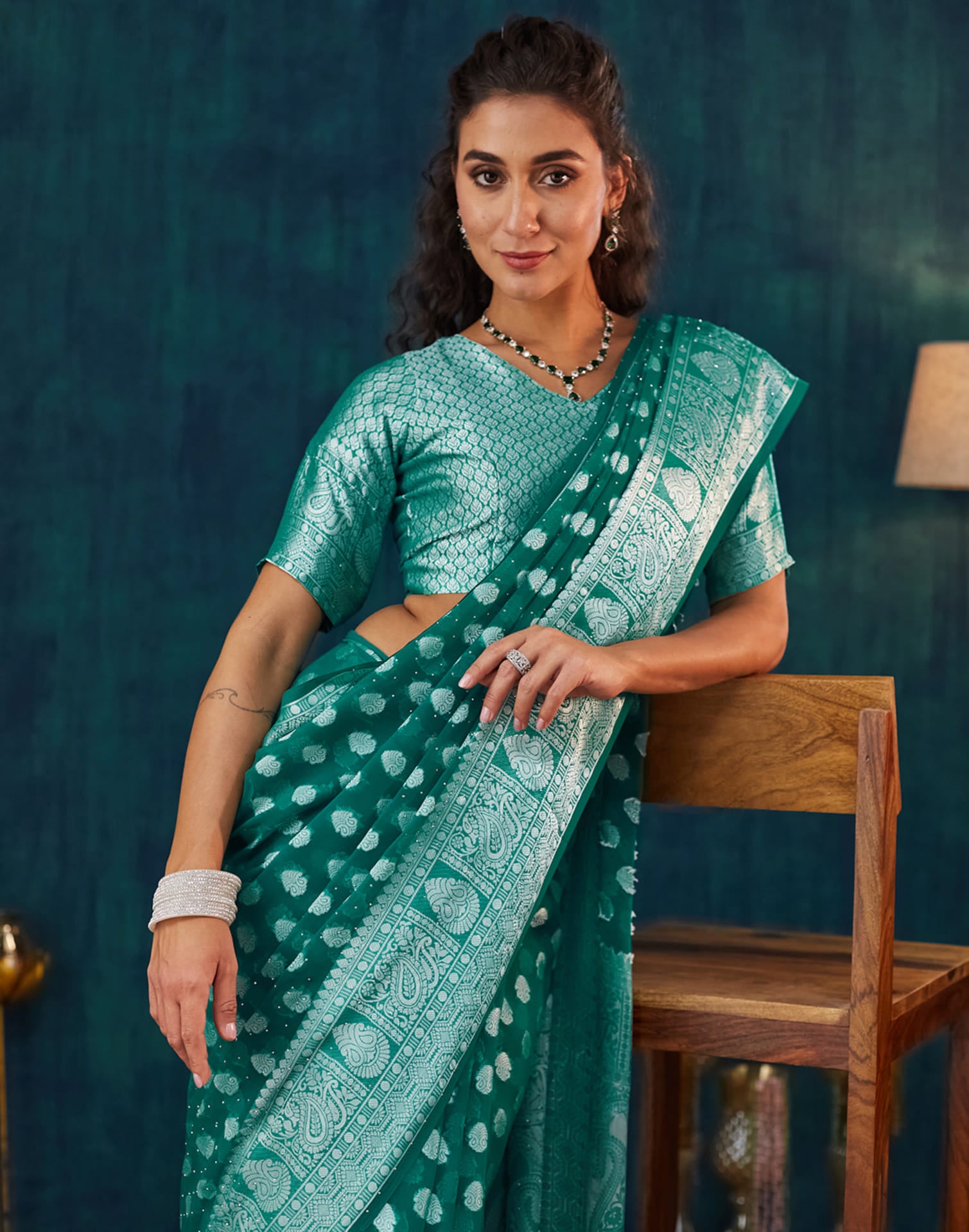 Green Georgette Woven Banarasi Saree