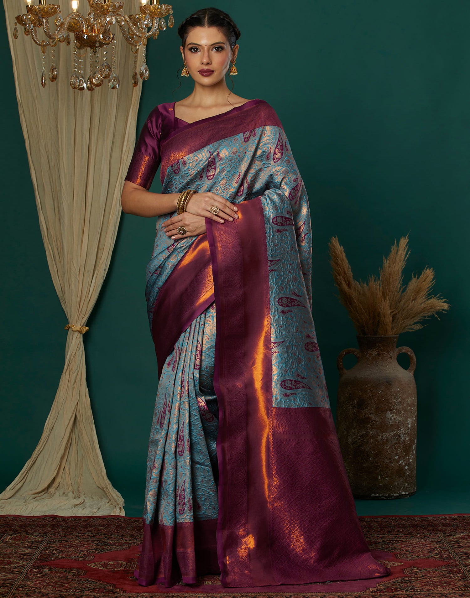 Blue Silk Blend Woven Saree