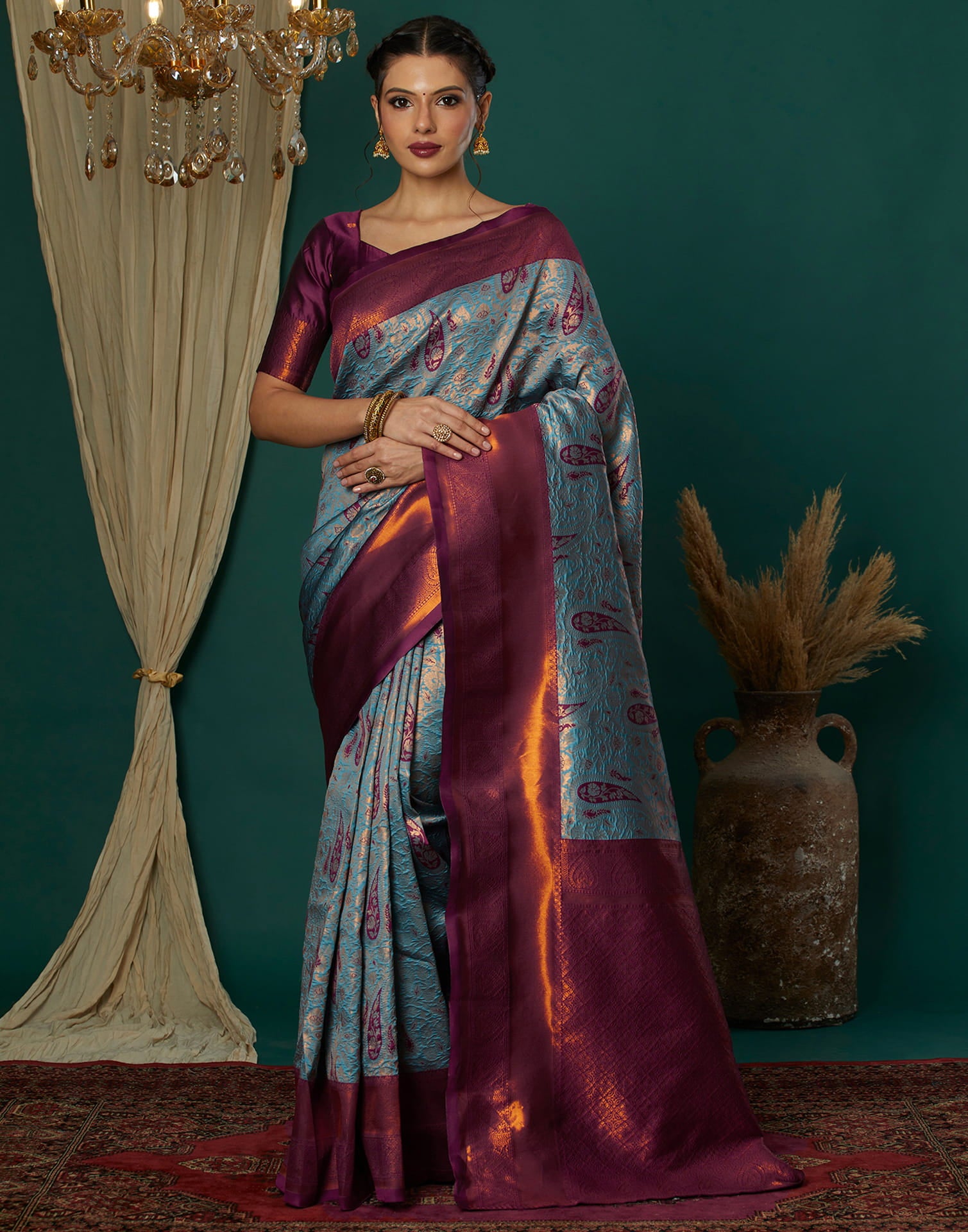 Blue Silk Blend Woven Saree