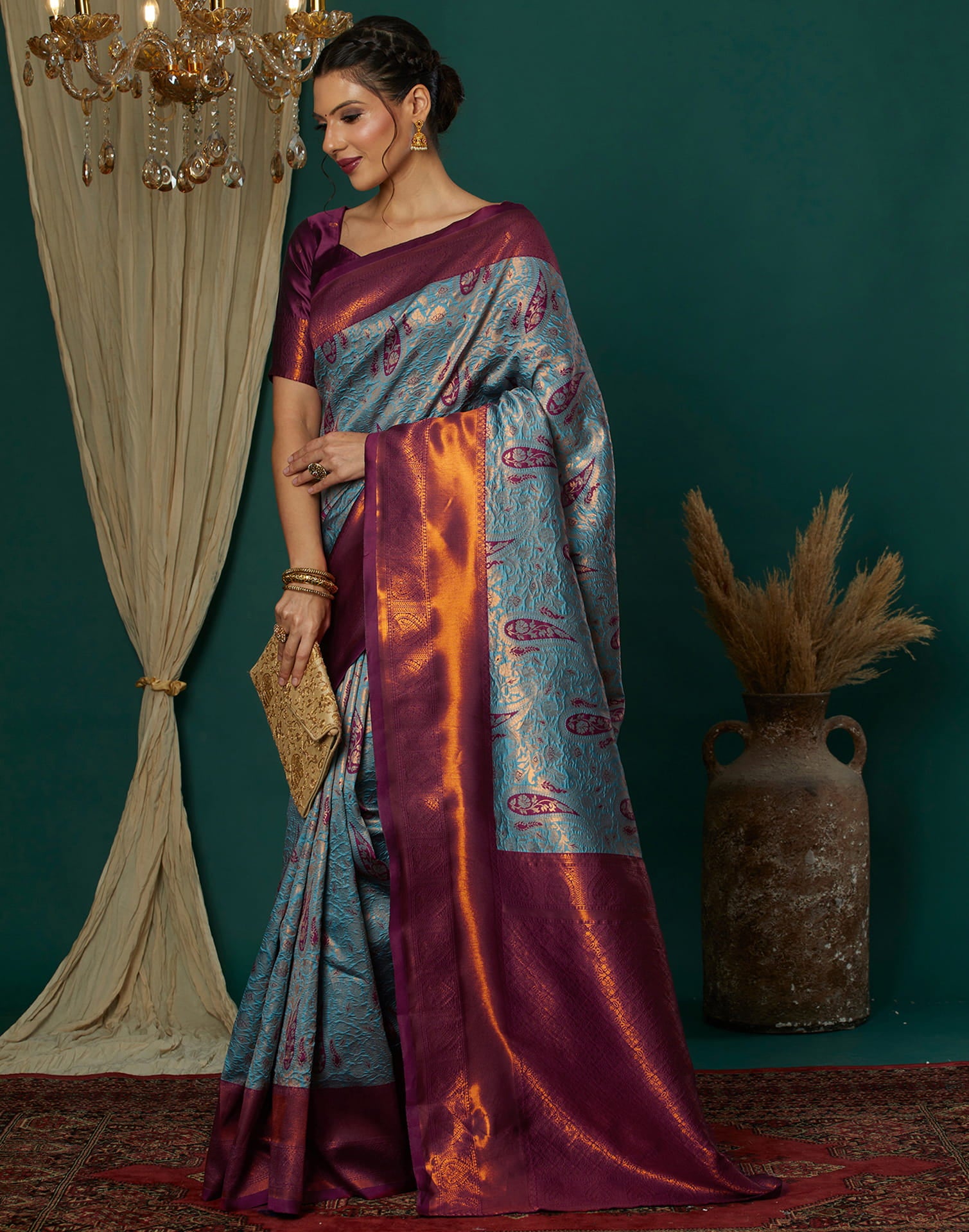 Blue Silk Blend Woven Saree
