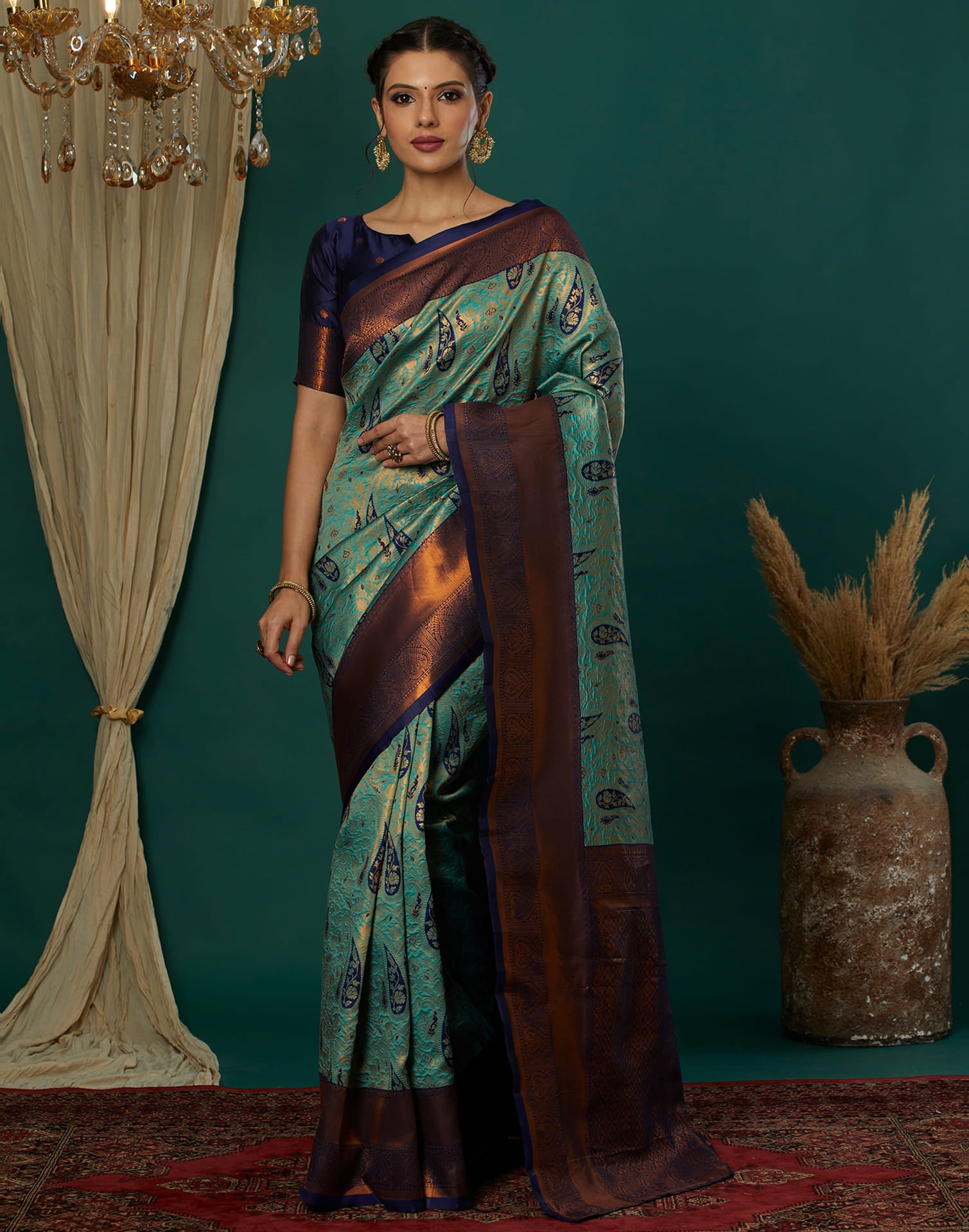 Turquoise Silk Blend Woven Saree