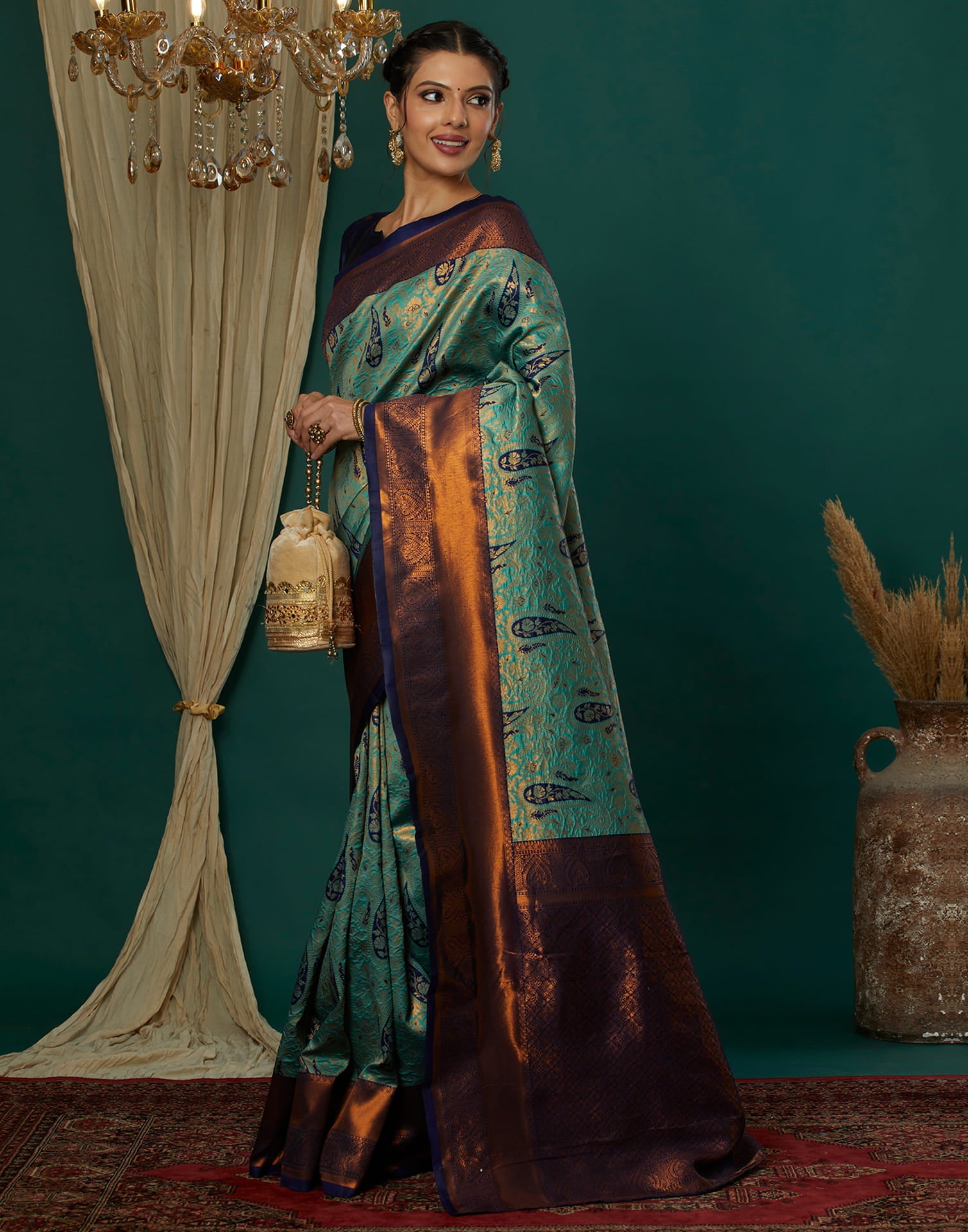 Turquoise Silk Blend Woven Saree