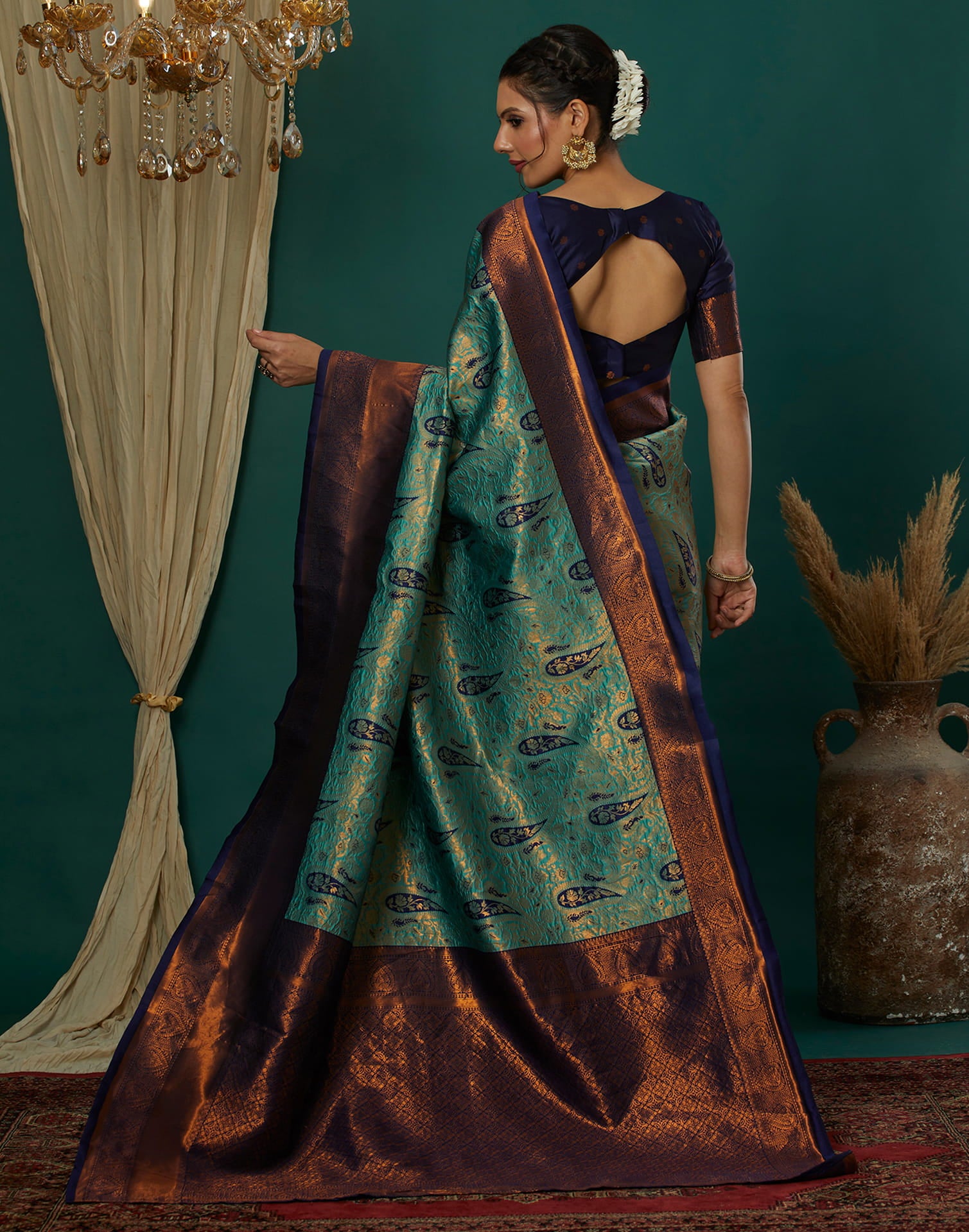 Turquoise Silk Blend Woven Saree