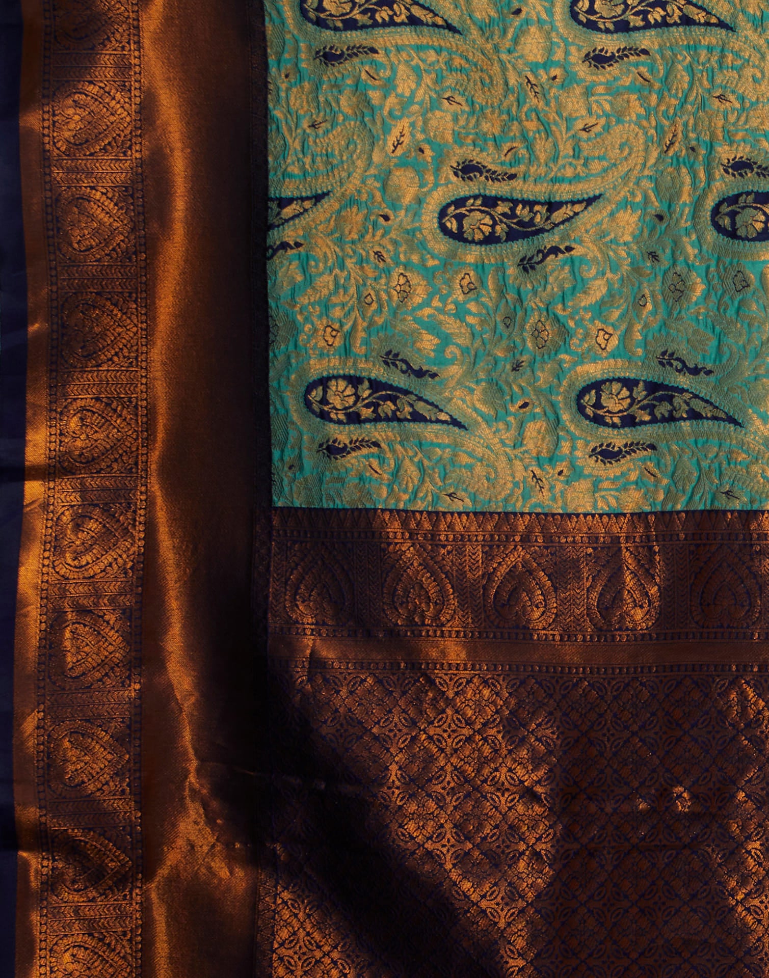 Turquoise Silk Blend Woven Saree