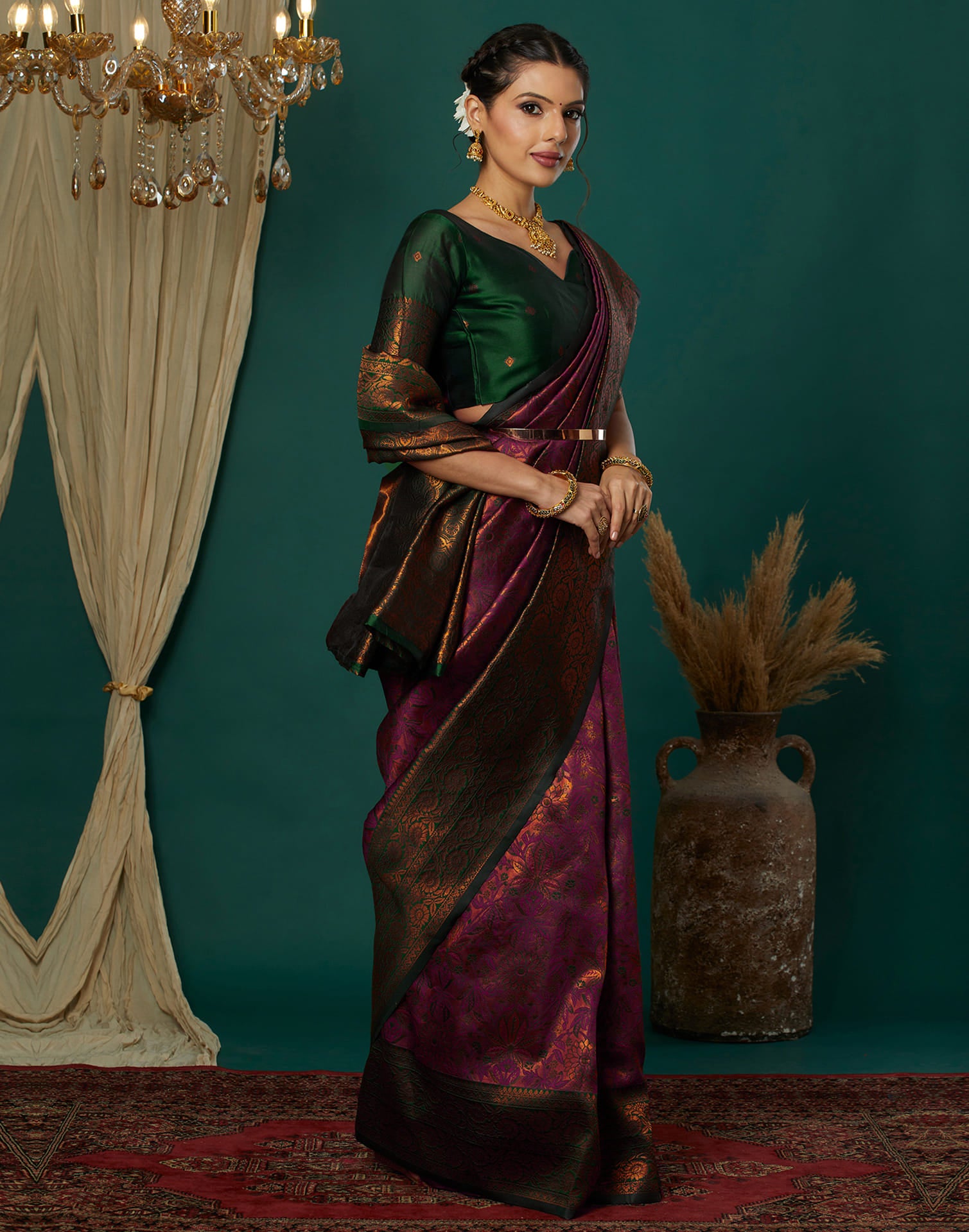 Wine Silk Blend Woven Saree