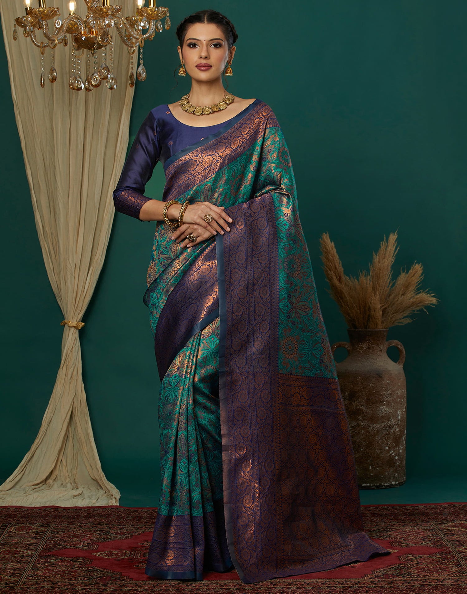 Turquoise Silk Blend Woven Saree