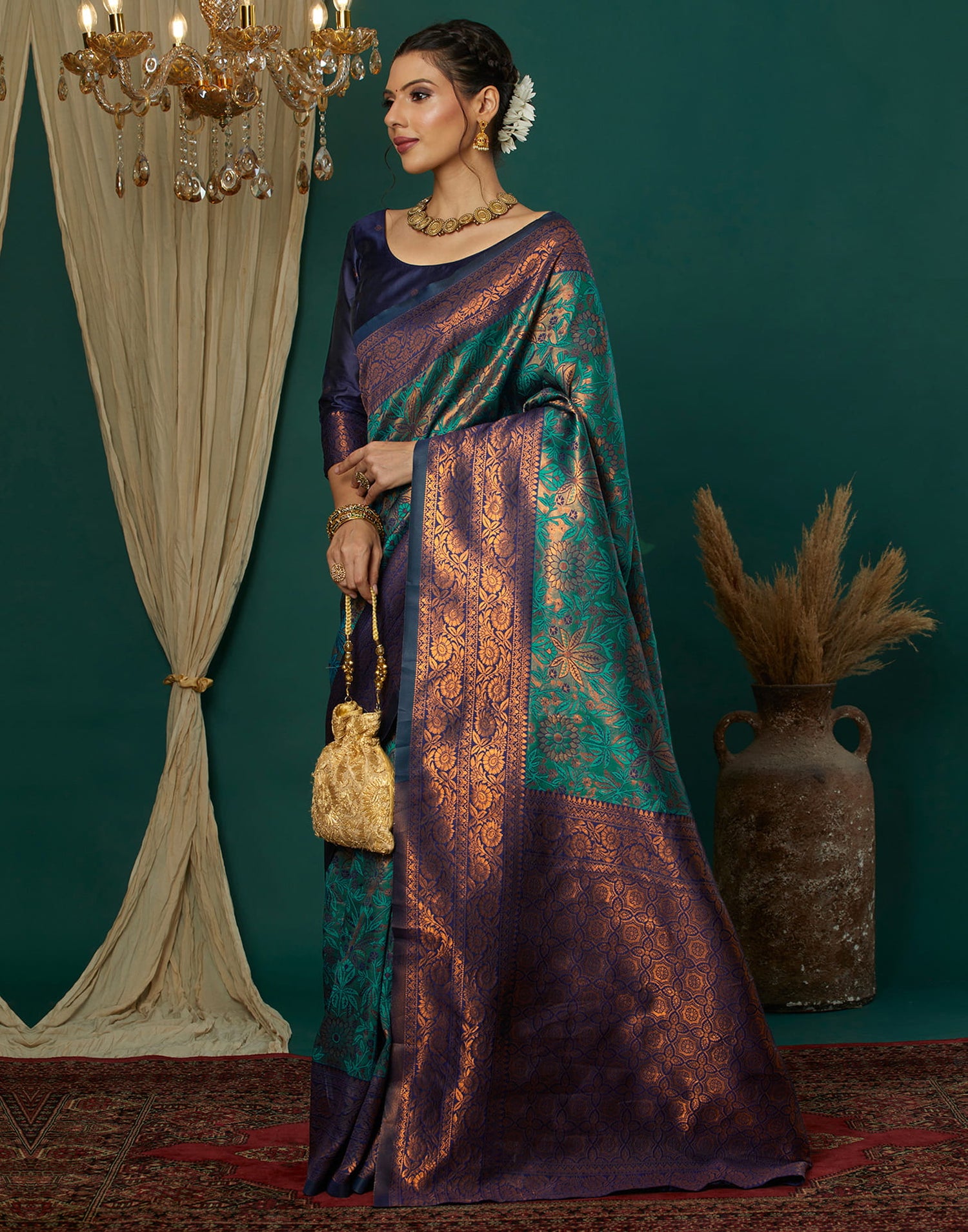 Turquoise Silk Blend Woven Saree