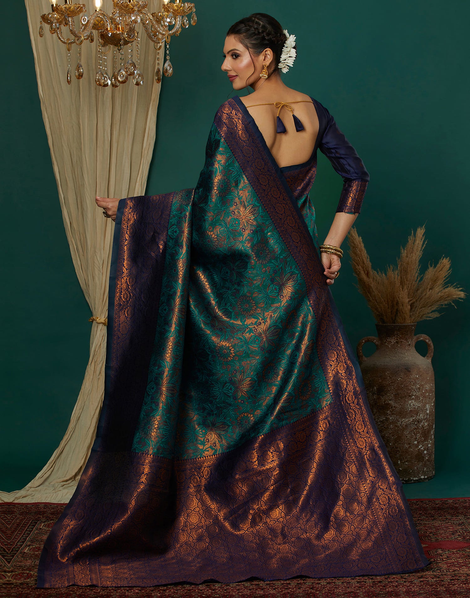 Turquoise Silk Blend Woven Saree