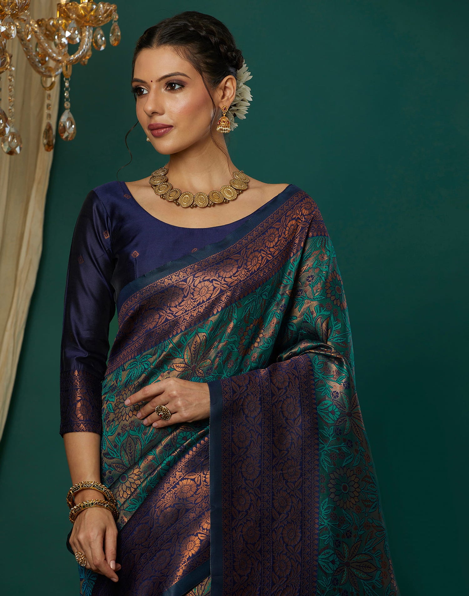 Turquoise Silk Blend Woven Saree