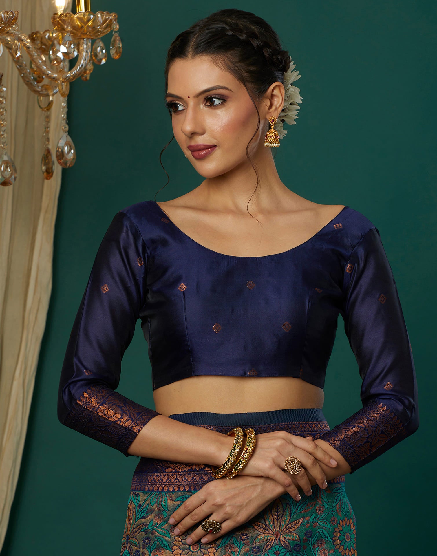 Turquoise Silk Blend Woven Saree