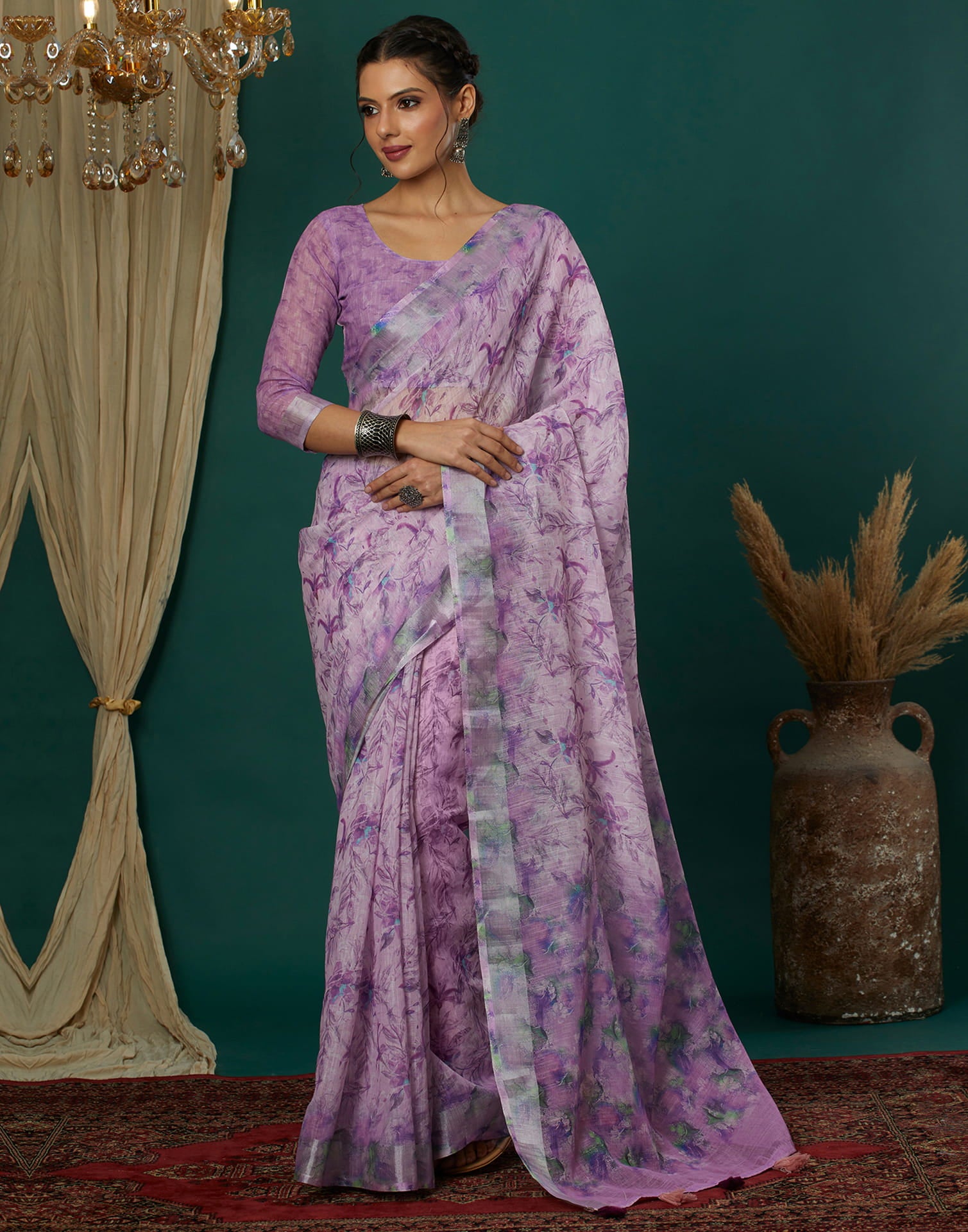 Lavender Cotton Blend Printed Saree