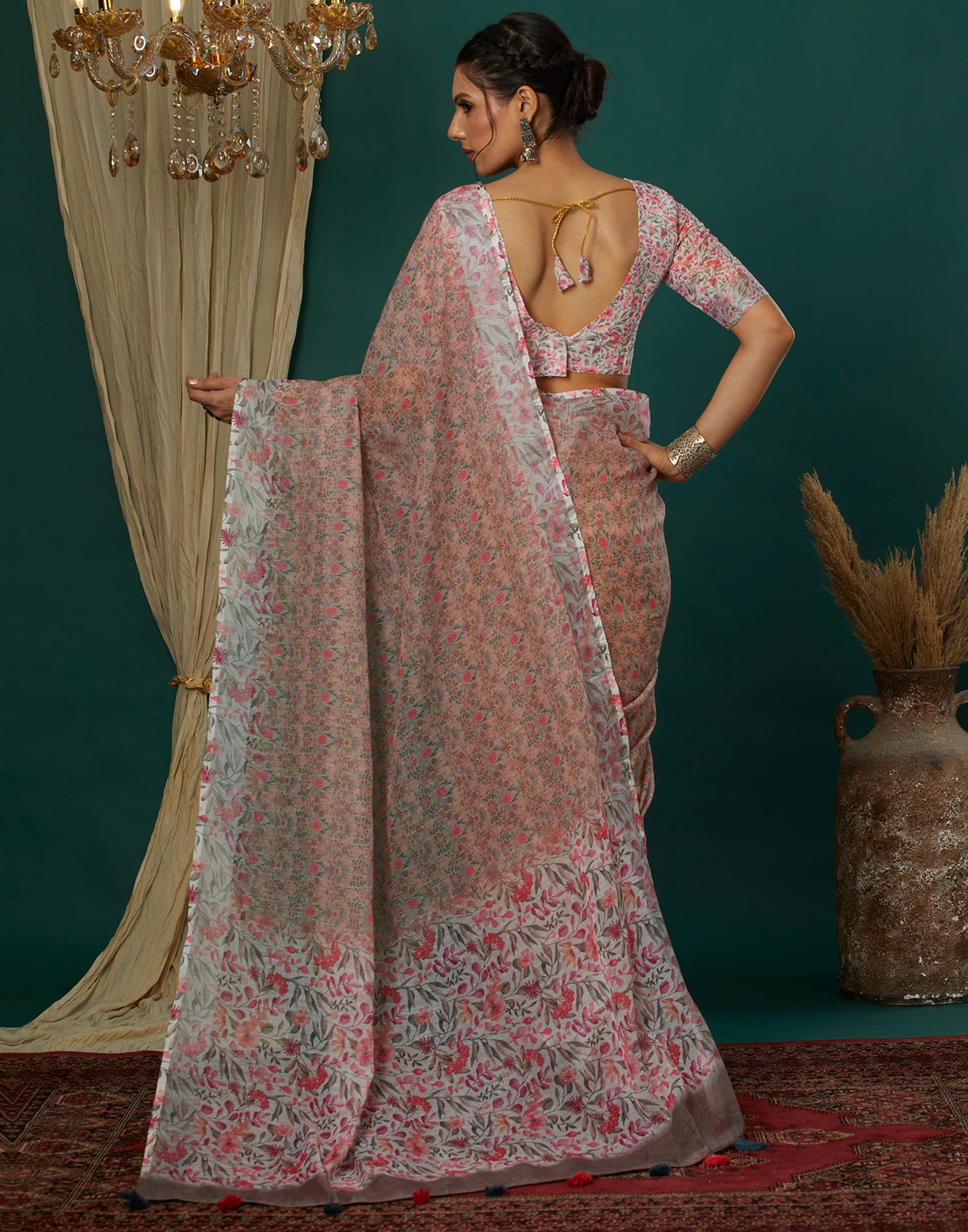 Beige Cotton Blend Printed Saree