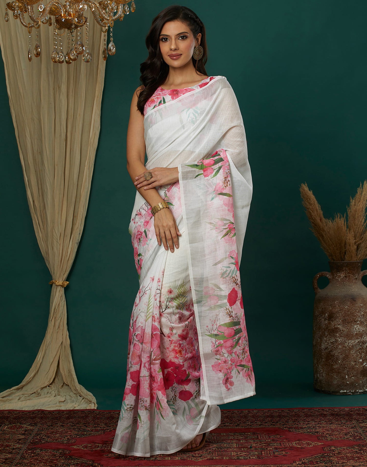 White Cotton Blend Printed Saree
