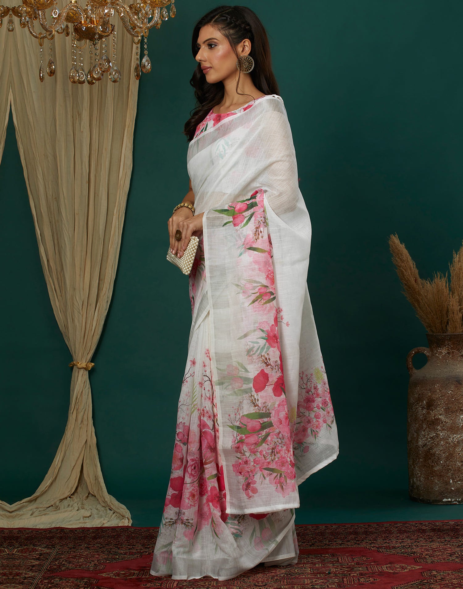 White Cotton Blend Printed Saree