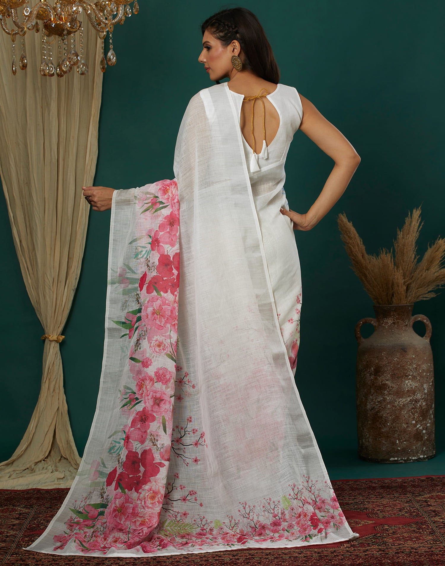 White Cotton Blend Printed Saree
