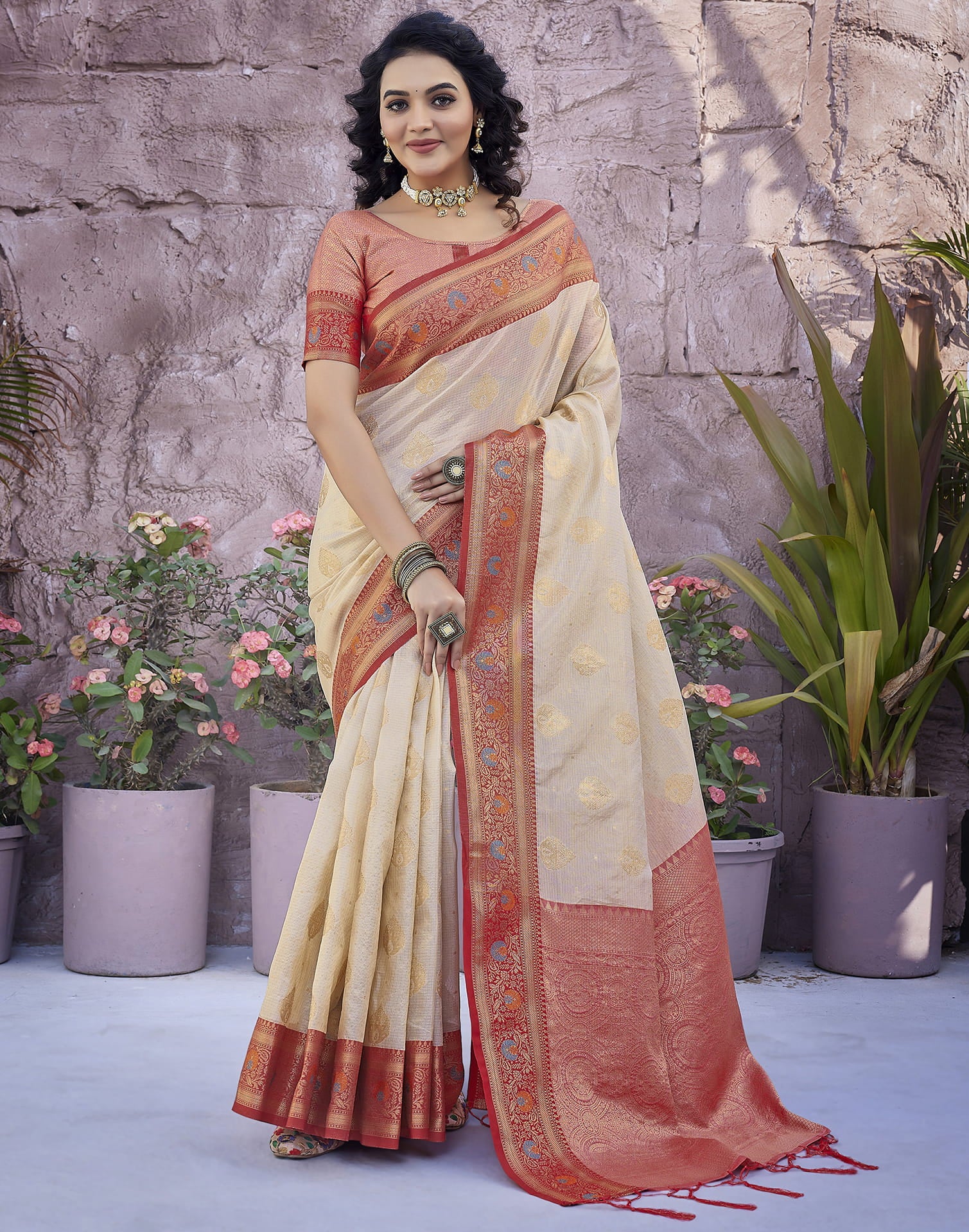 Beige Silk Blend Woven Saree
