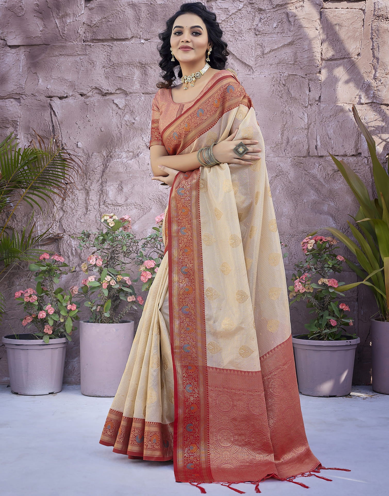 Beige Silk Blend Woven Saree