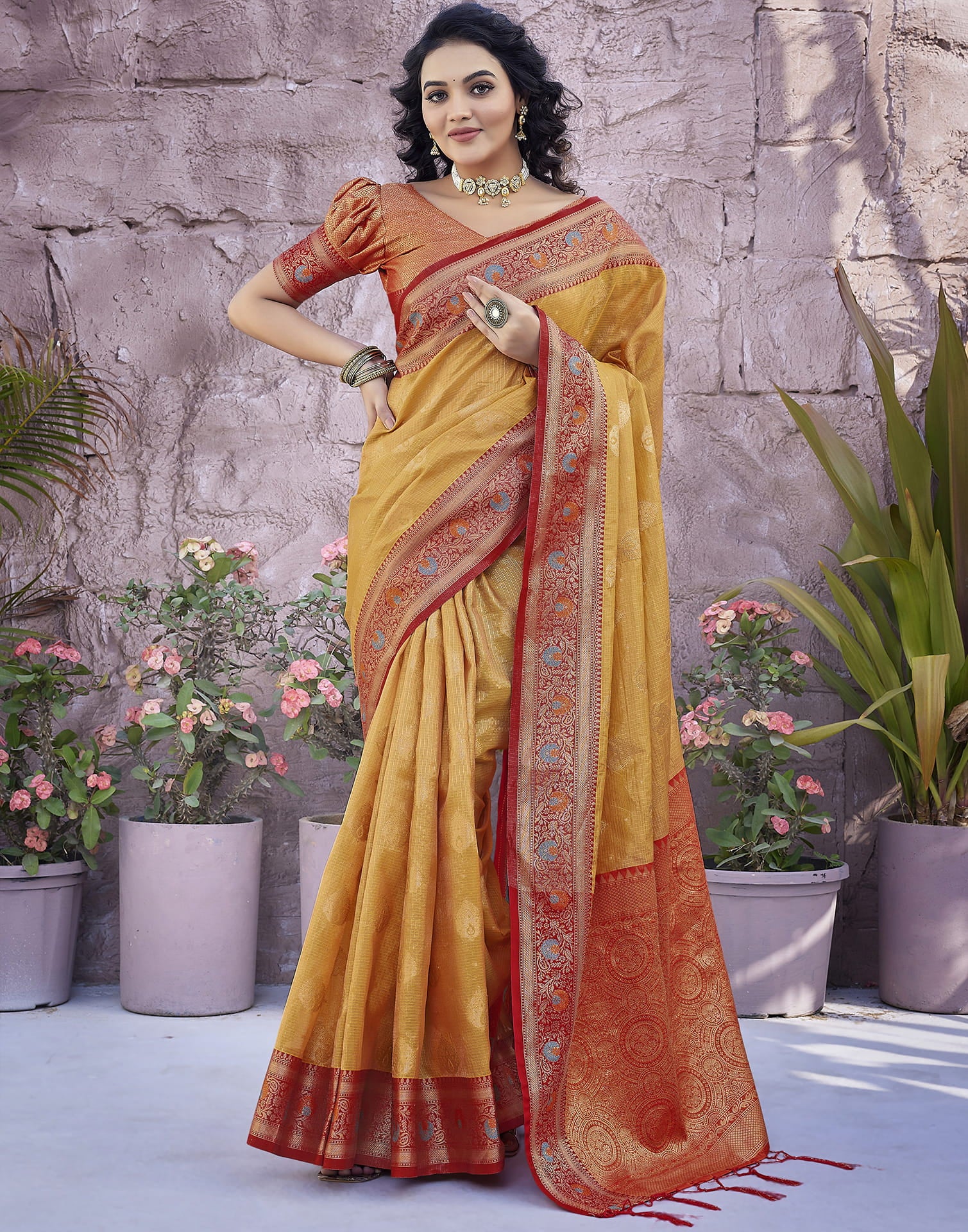 Yellow Silk Blend Woven Woven Saree