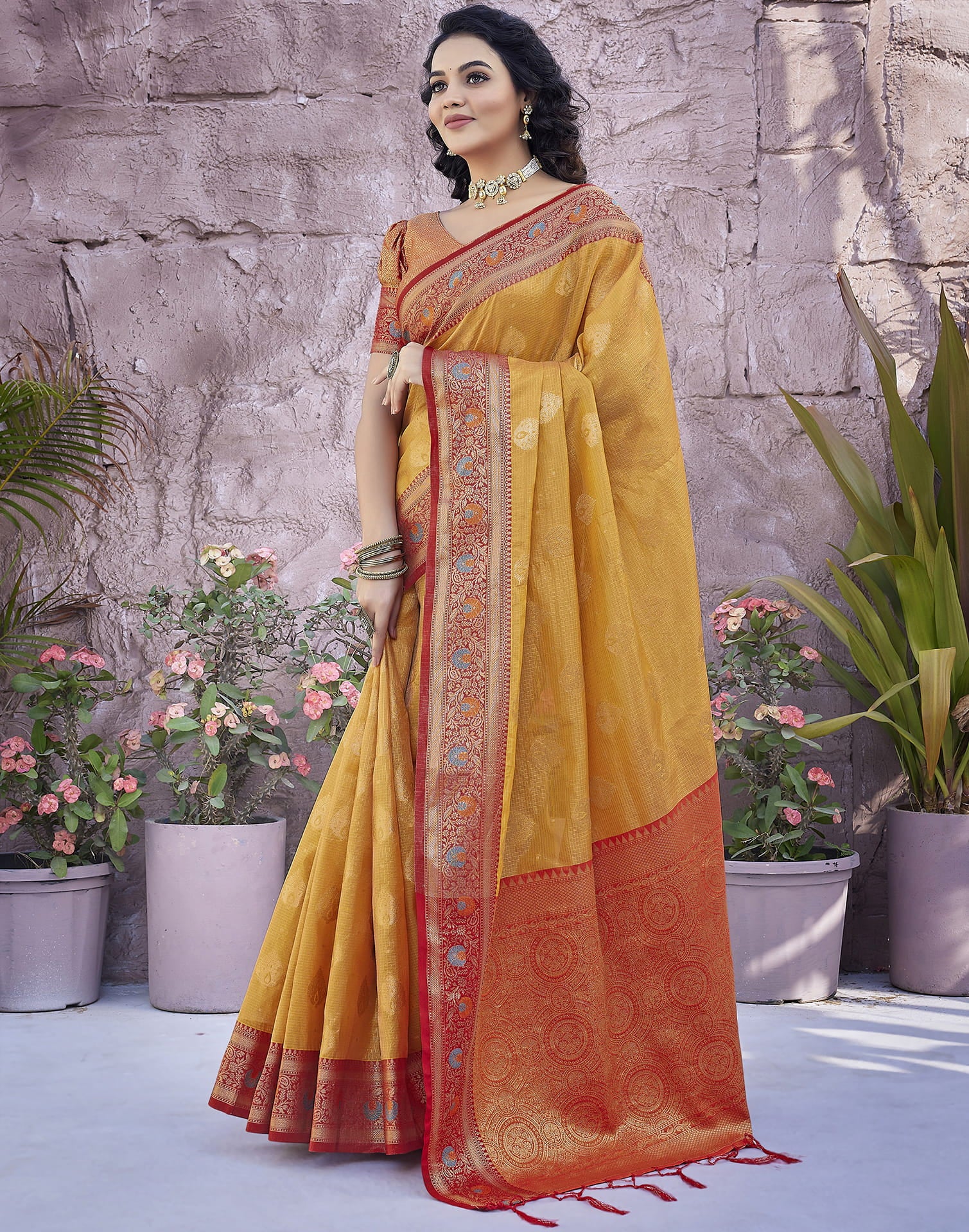 Yellow Silk Blend Woven Woven Saree