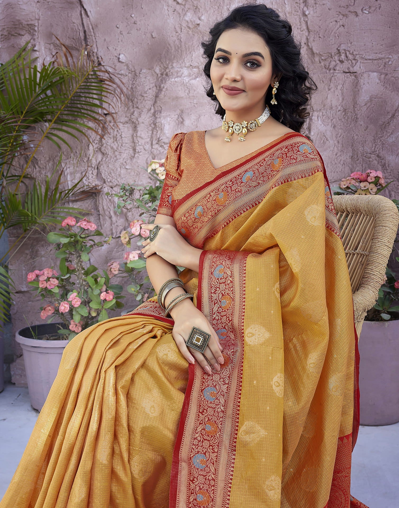 Yellow Silk Blend Woven Woven Saree