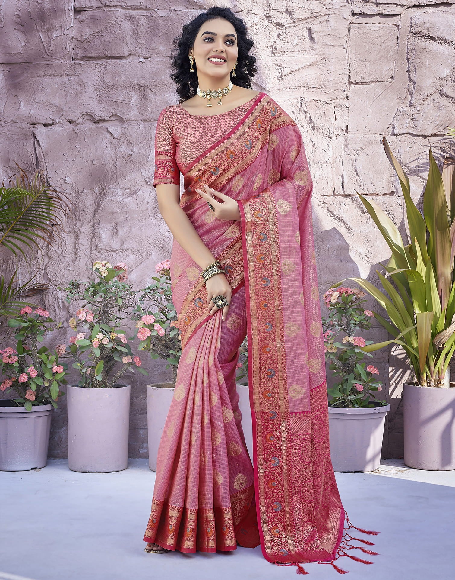Pink Silk Blend Woven Saree