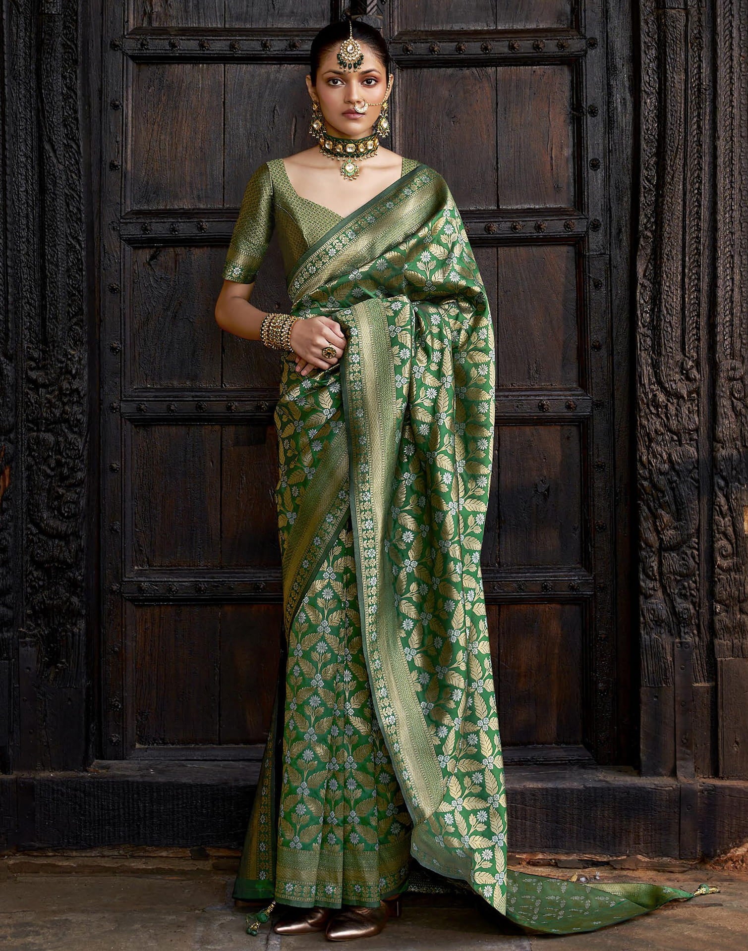 Green Silk Blend Woven Banarasi Saree