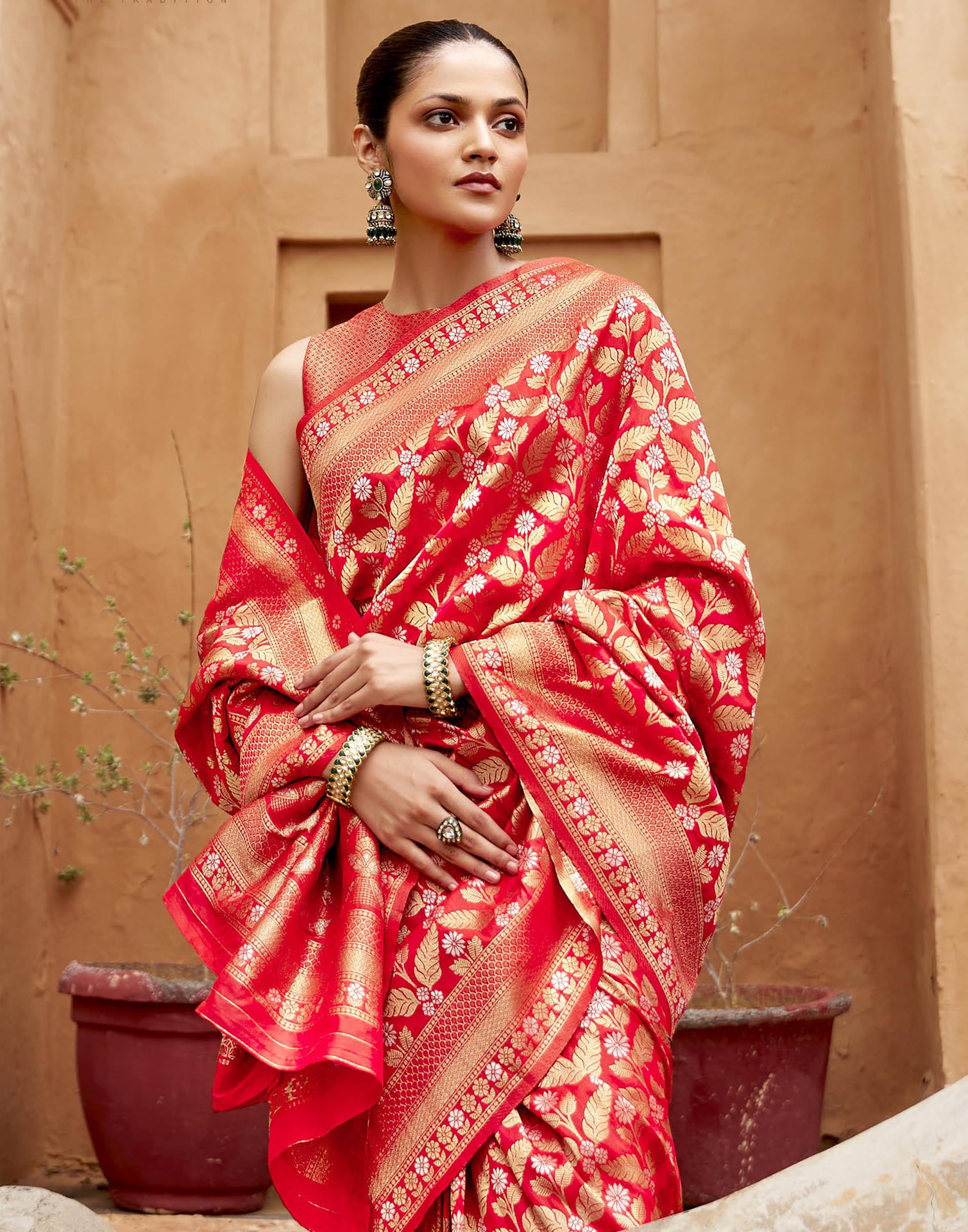 Red Silk Blend Woven Banarasi Saree
