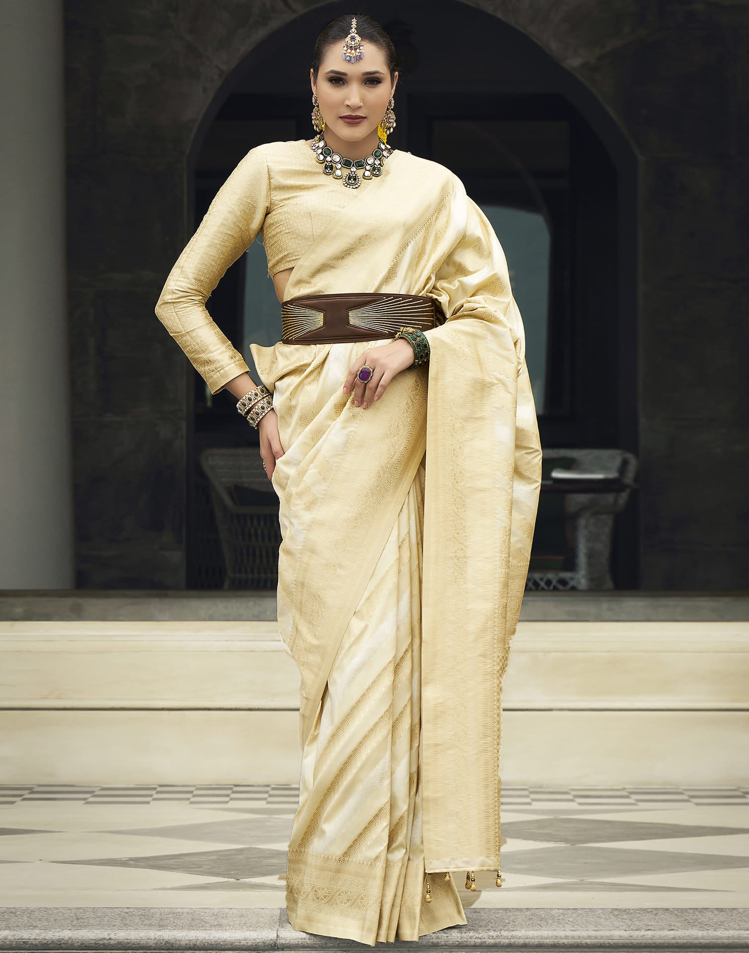 Cream Silk Blend Woven Kanjivaram Saree
