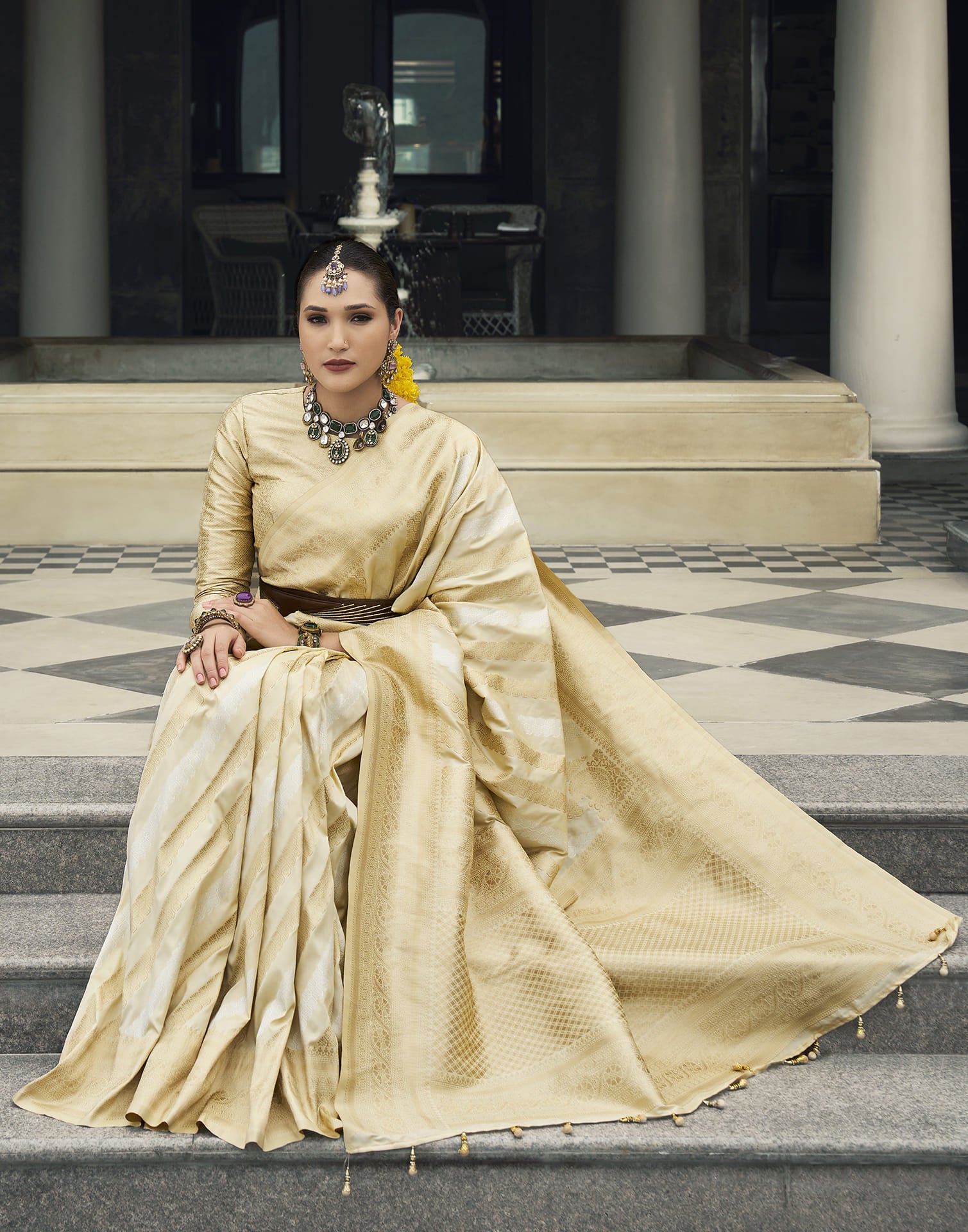 Cream Silk Blend Woven Kanjivaram Saree