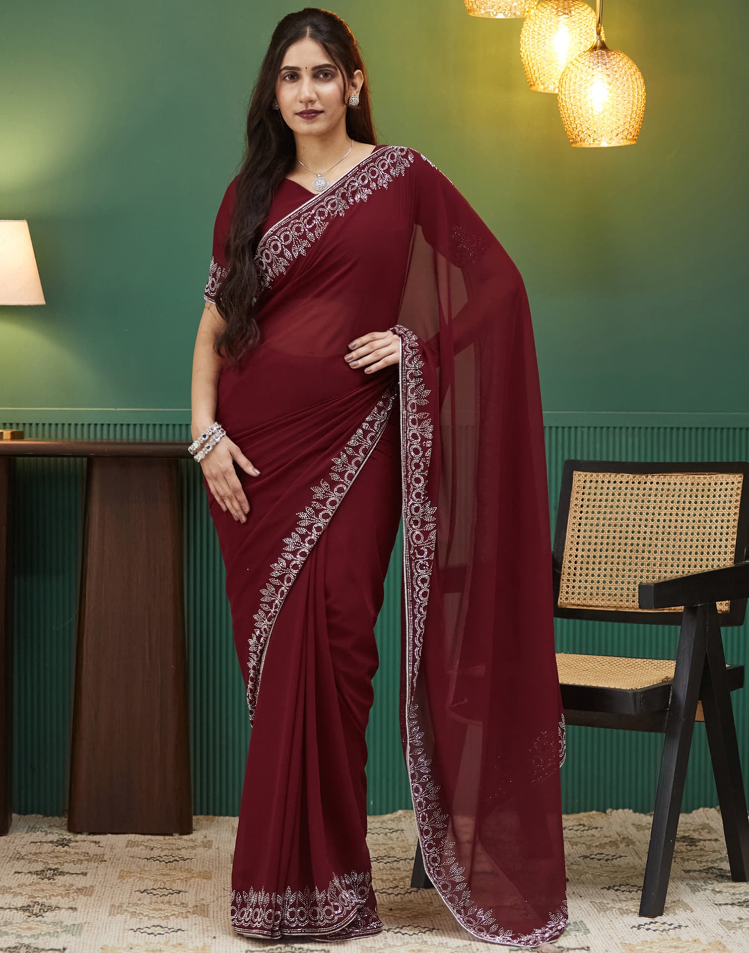 Maroon Georgette Stone Work Swarovski Saree