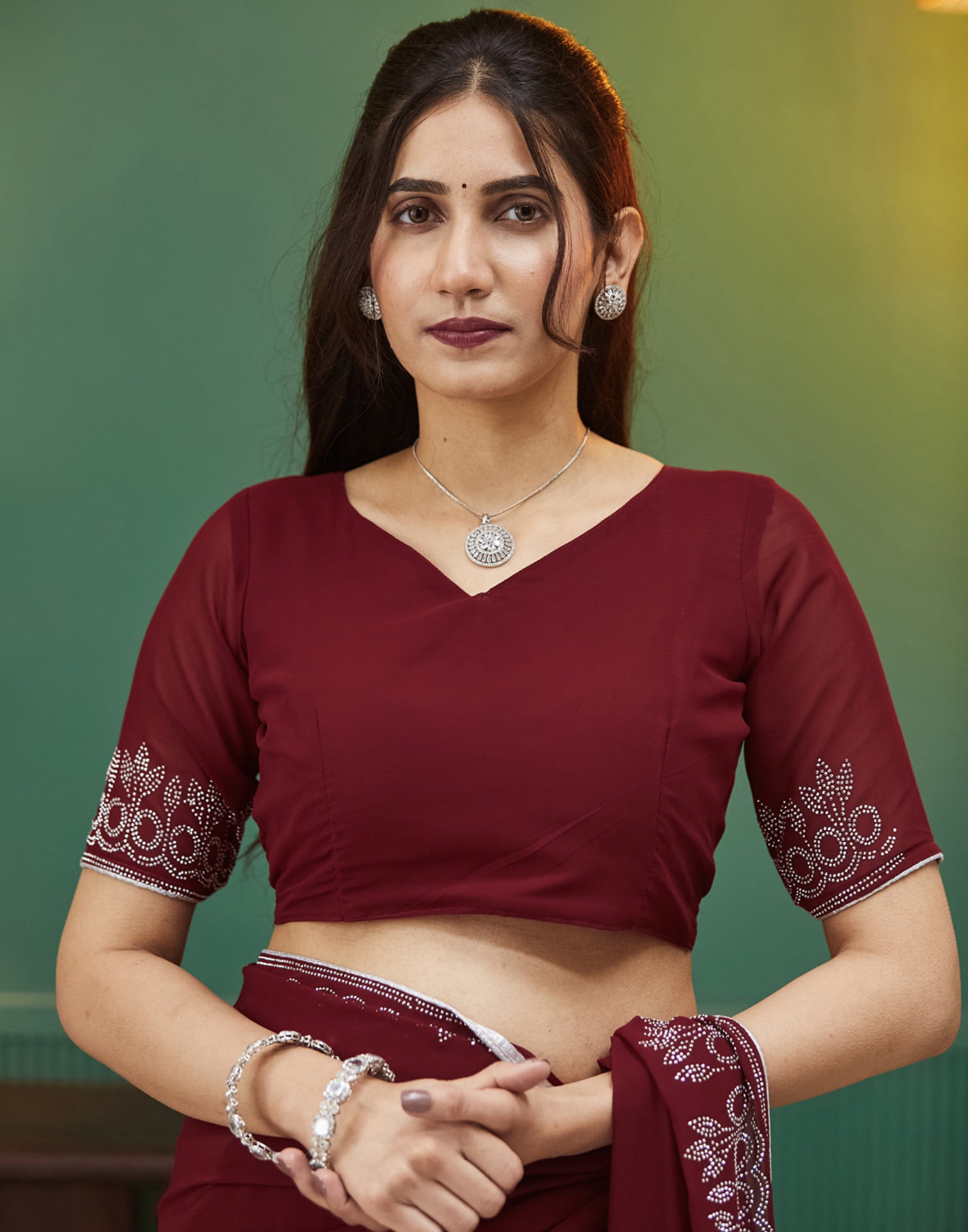 Maroon Georgette Stone Work Swarovski Saree