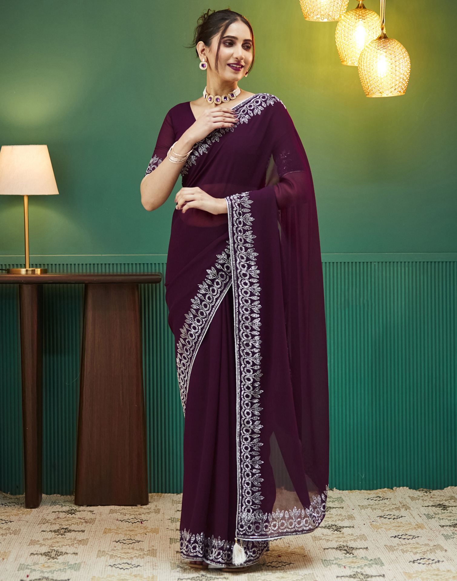 Wine Georgette Stone Work Swarovski Saree