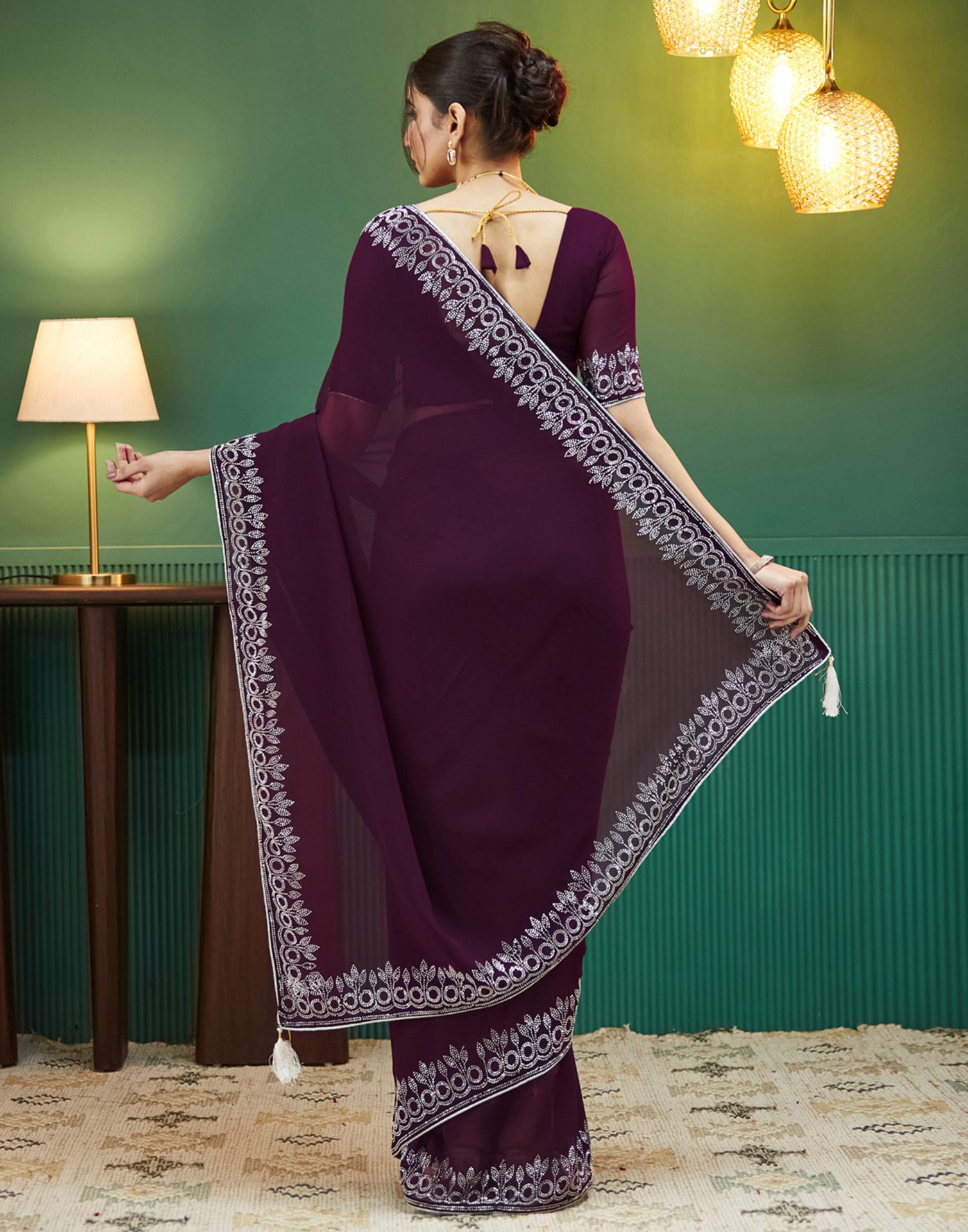 Wine Georgette Stone Work Swarovski Saree