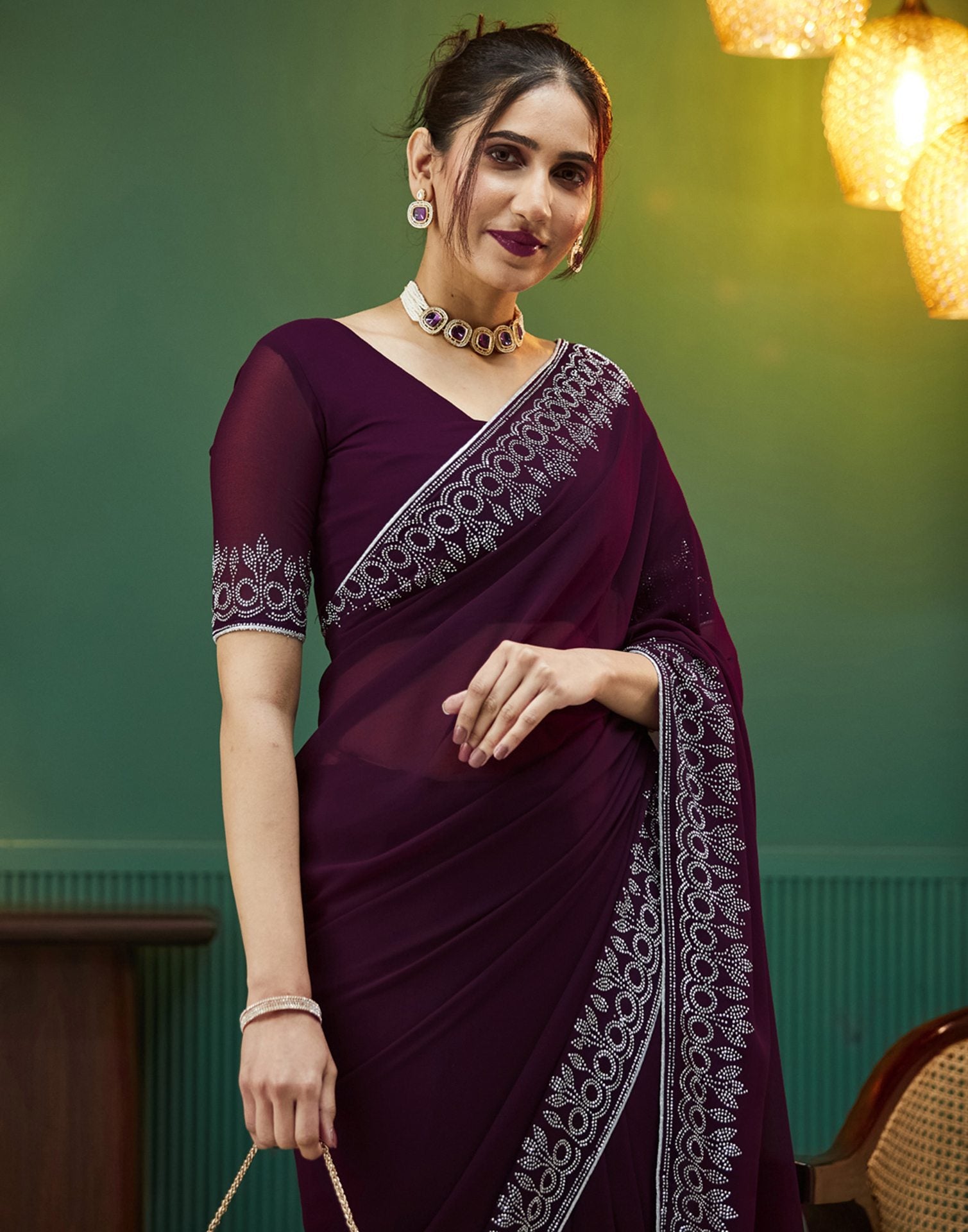 Wine Georgette Stone Work Swarovski Saree