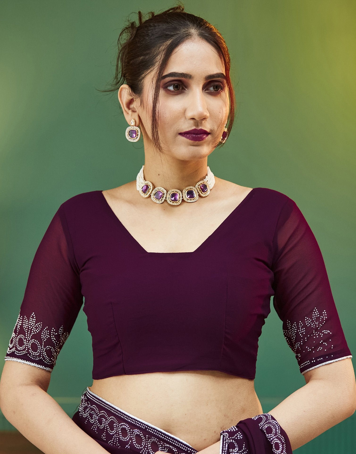 Wine Georgette Stone Work Swarovski Saree