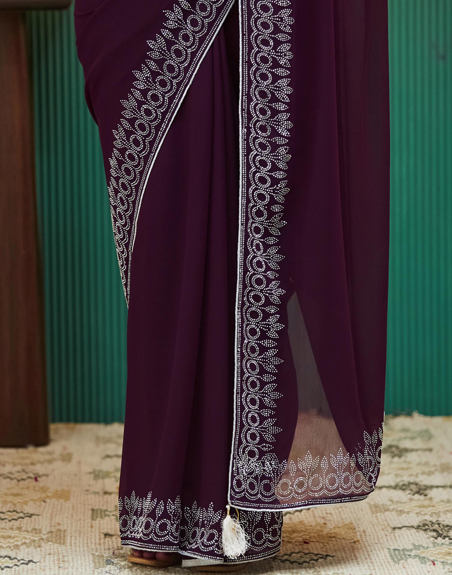 Wine Georgette Stone Work Swarovski Saree