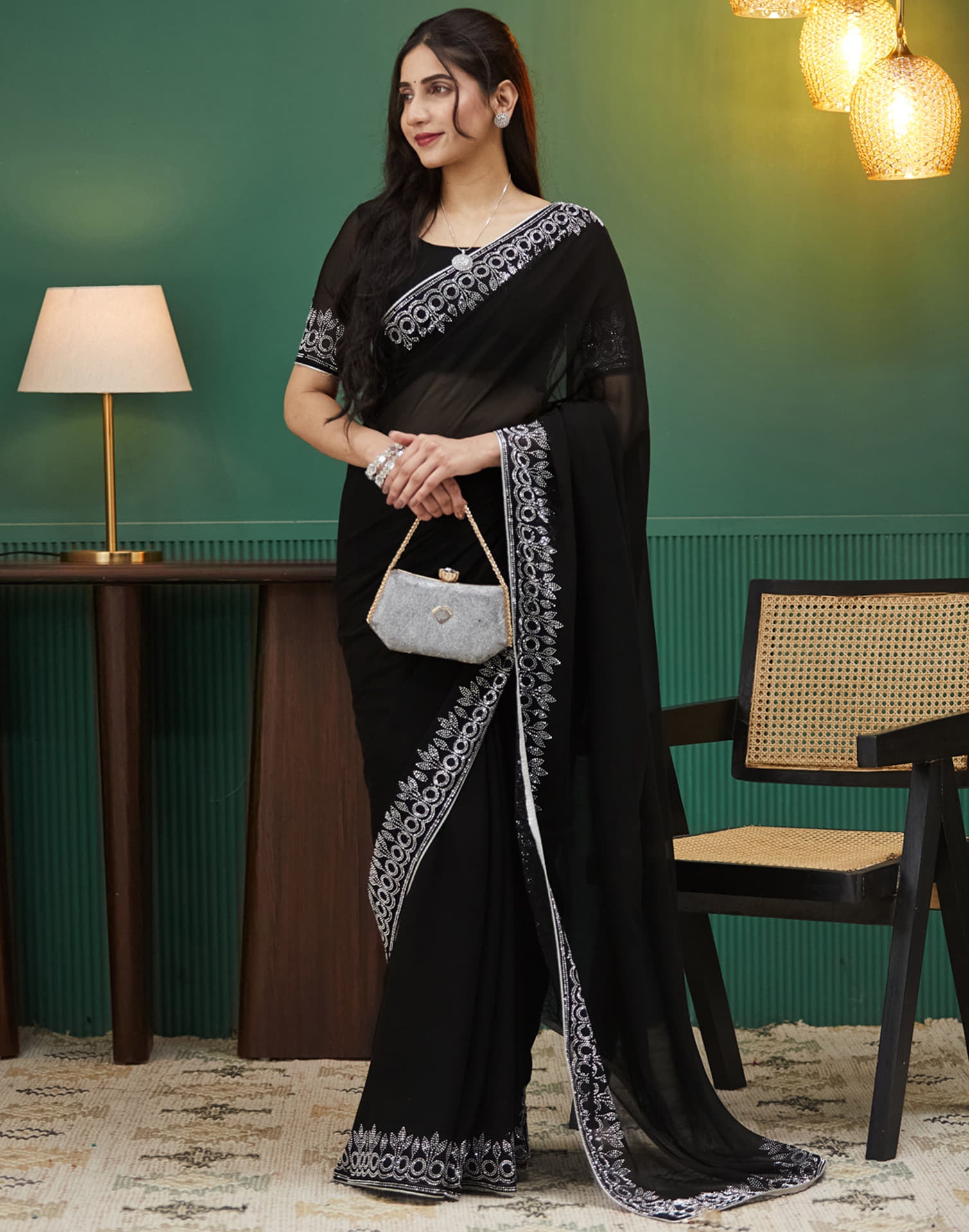 Black Georgette Stone Work Swarovski Saree