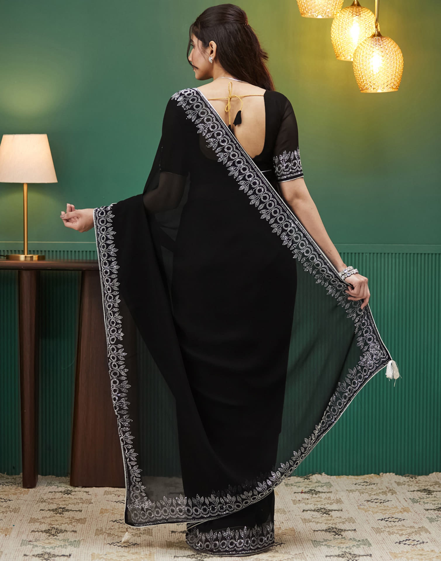 Black Georgette Stone Work Swarovski Saree