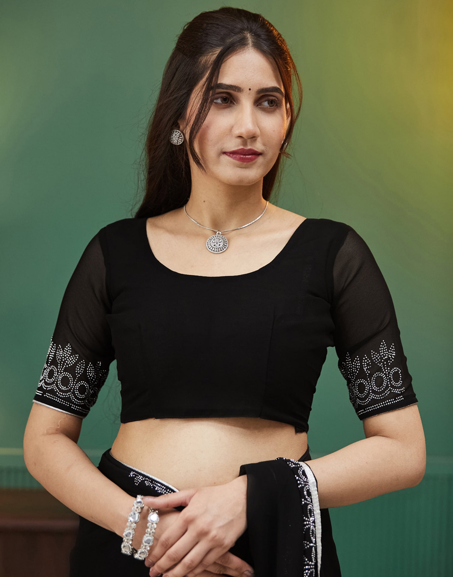 Black Georgette Stone Work Swarovski Saree