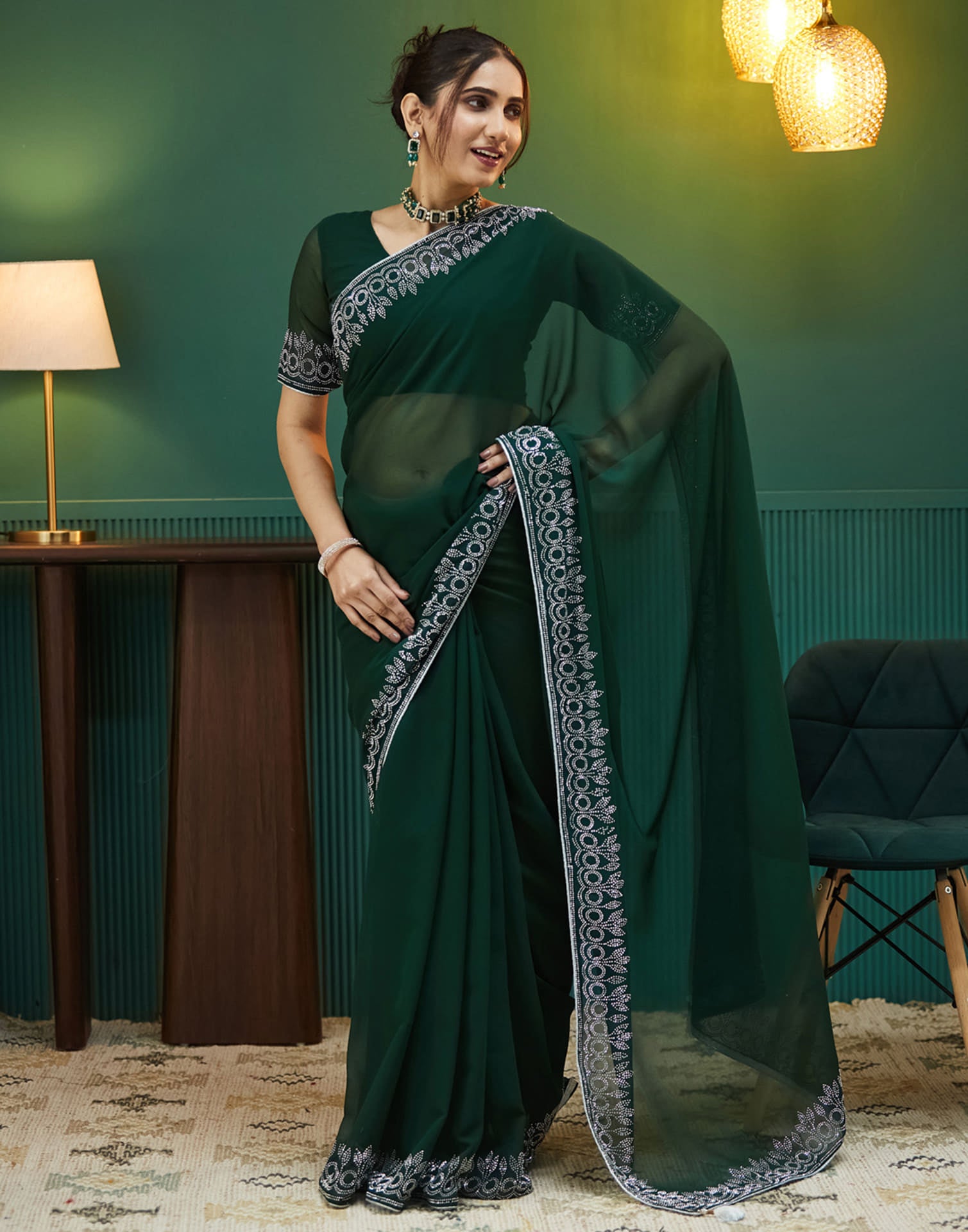 Dark Green Georgette Stone Work Swarovski Saree
